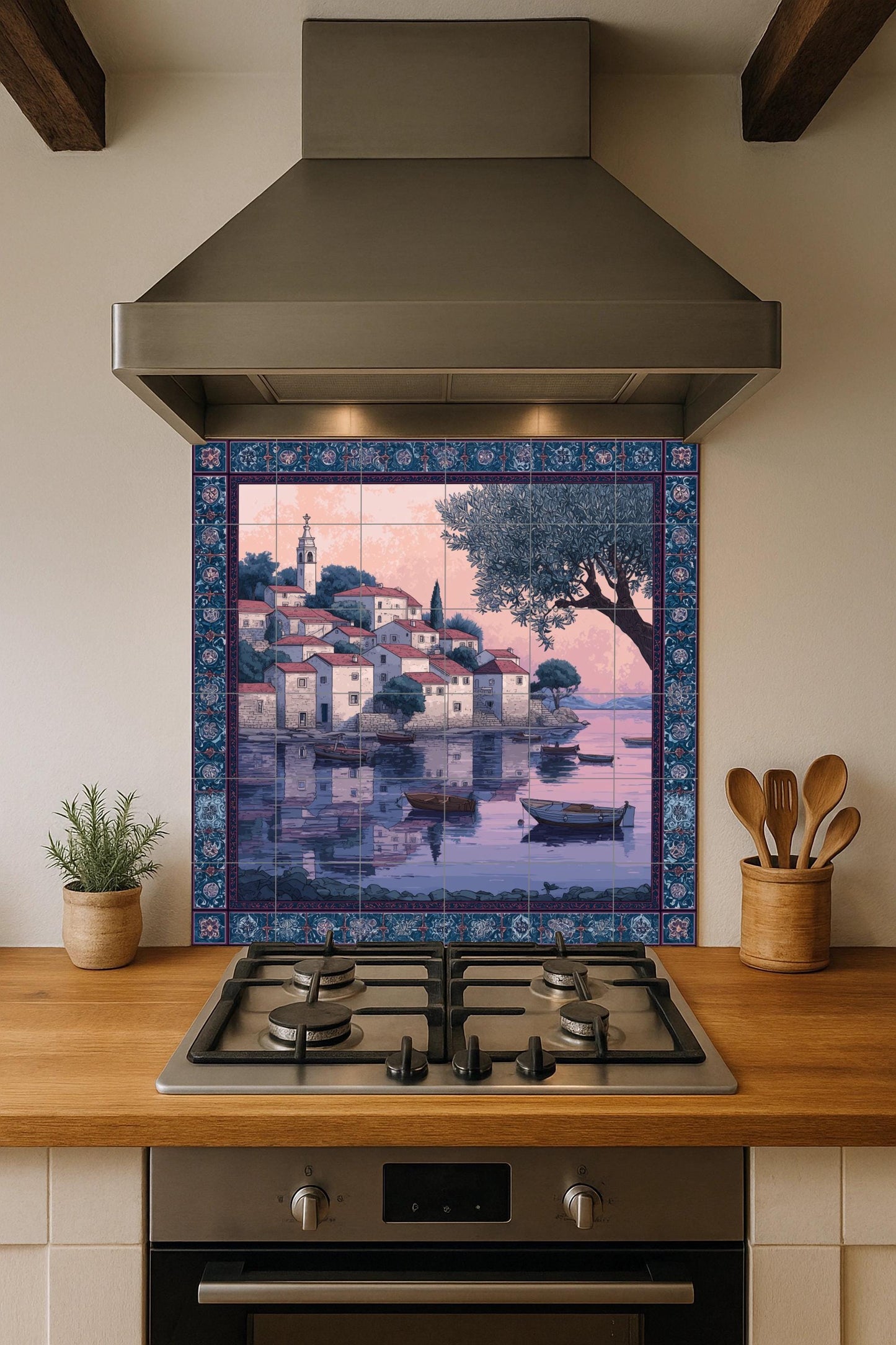 "Adriatic Sunset Village" Ceramic Tile Mural: Croatian Coastal Wall Art Mosaic for Kitchen Backsplash or Entrance Decorative Panel