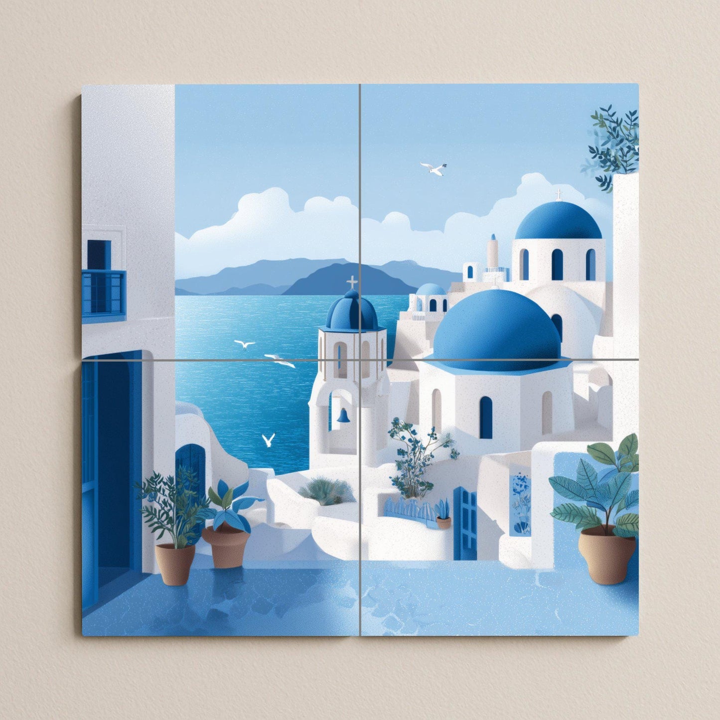 Coastal Village Ceramic Tile Mural: Classic Mediterranean Mosaic Wall Decor, Ideal for Kitchen Backsplash or Entrance Decorative Panel.