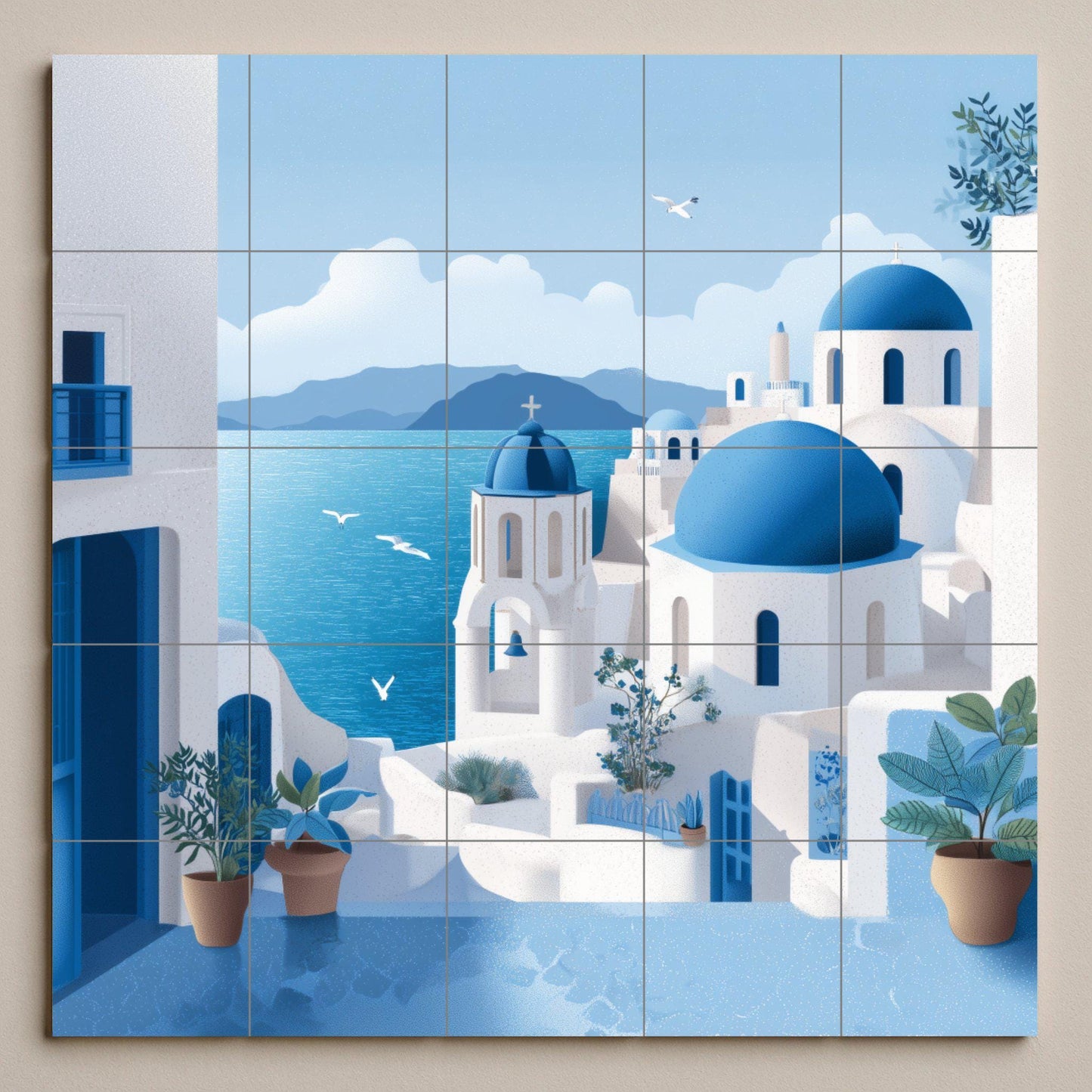 Coastal Village Ceramic Tile Mural: Classic Mediterranean Mosaic Wall Decor, Ideal for Kitchen Backsplash or Entrance Decorative Panel.