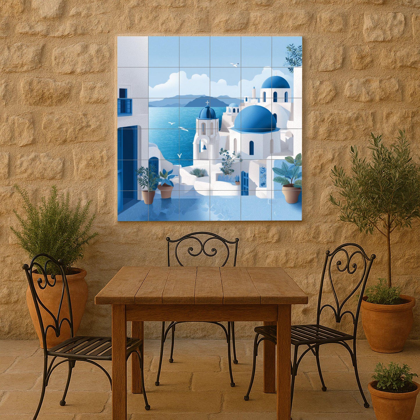 Coastal Village Ceramic Tile Mural: Classic Mediterranean Mosaic Wall Decor, Ideal for Kitchen Backsplash or Entrance Decorative Panel.