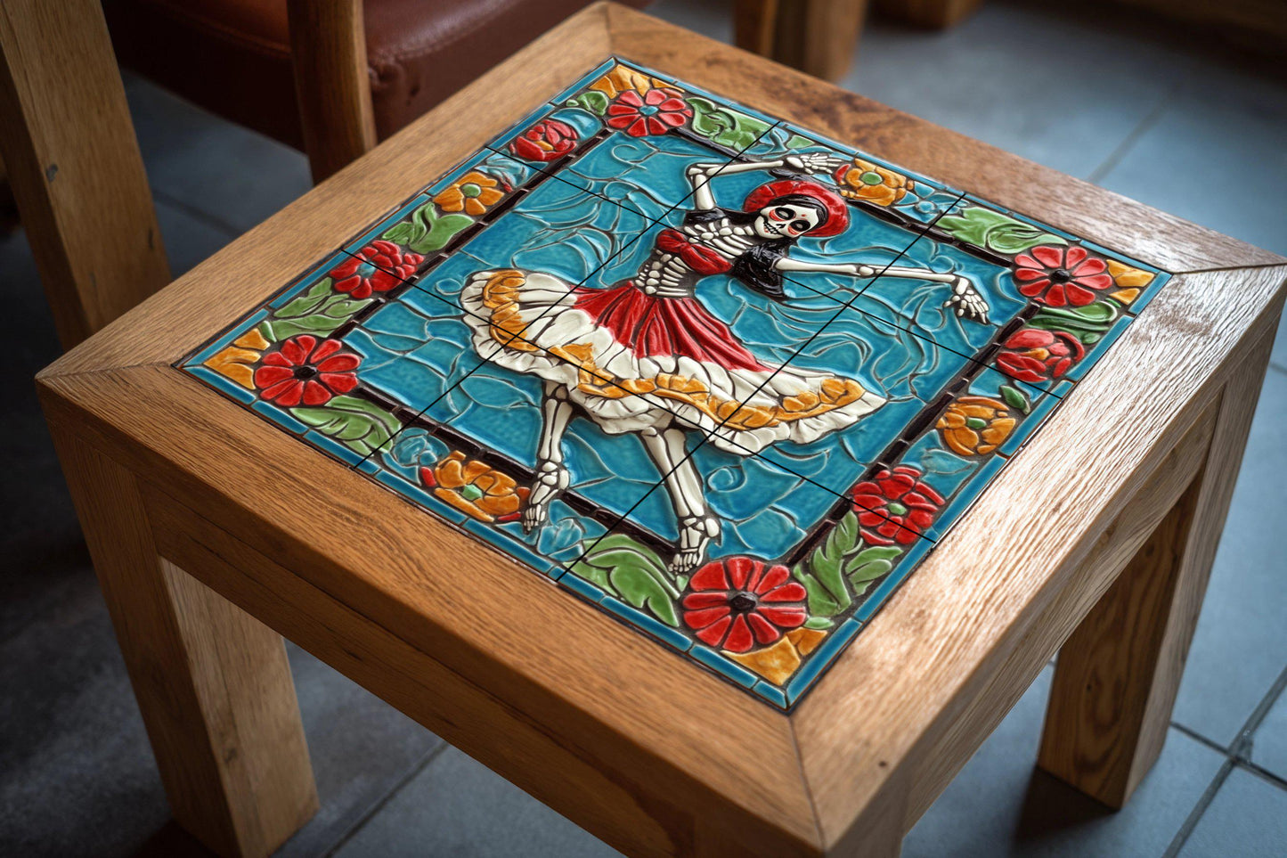 Dancing Skull Tile Mural / Mexican Day of the Dead Mural Art / Ceramic Decoration with Colorful Skeletons and Flowers / Folklore-Inspired Mural