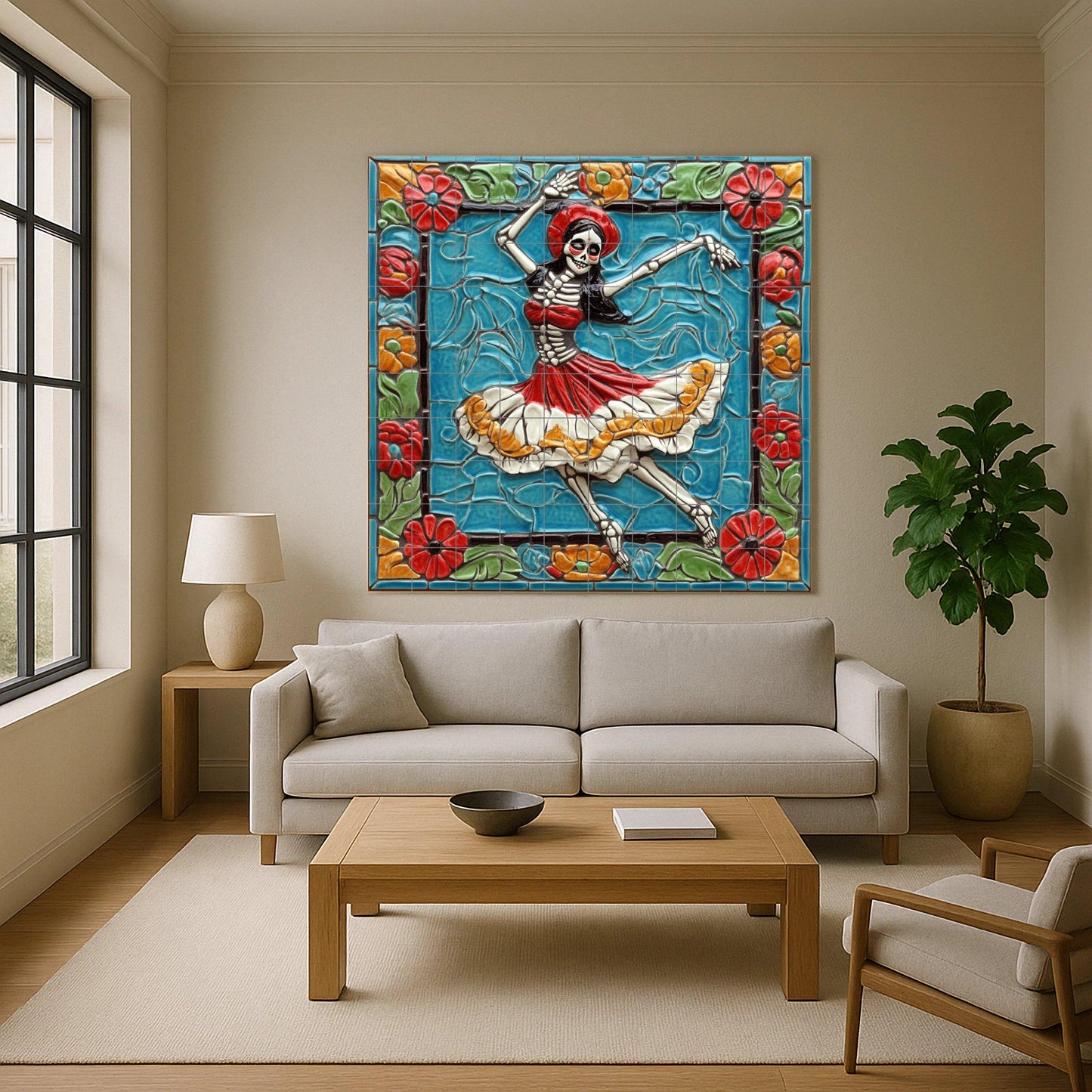Dancing Skull Tile Mural / Mexican Day of the Dead Mural Art / Ceramic Decoration with Colorful Skeletons and Flowers / Folklore-Inspired Mural