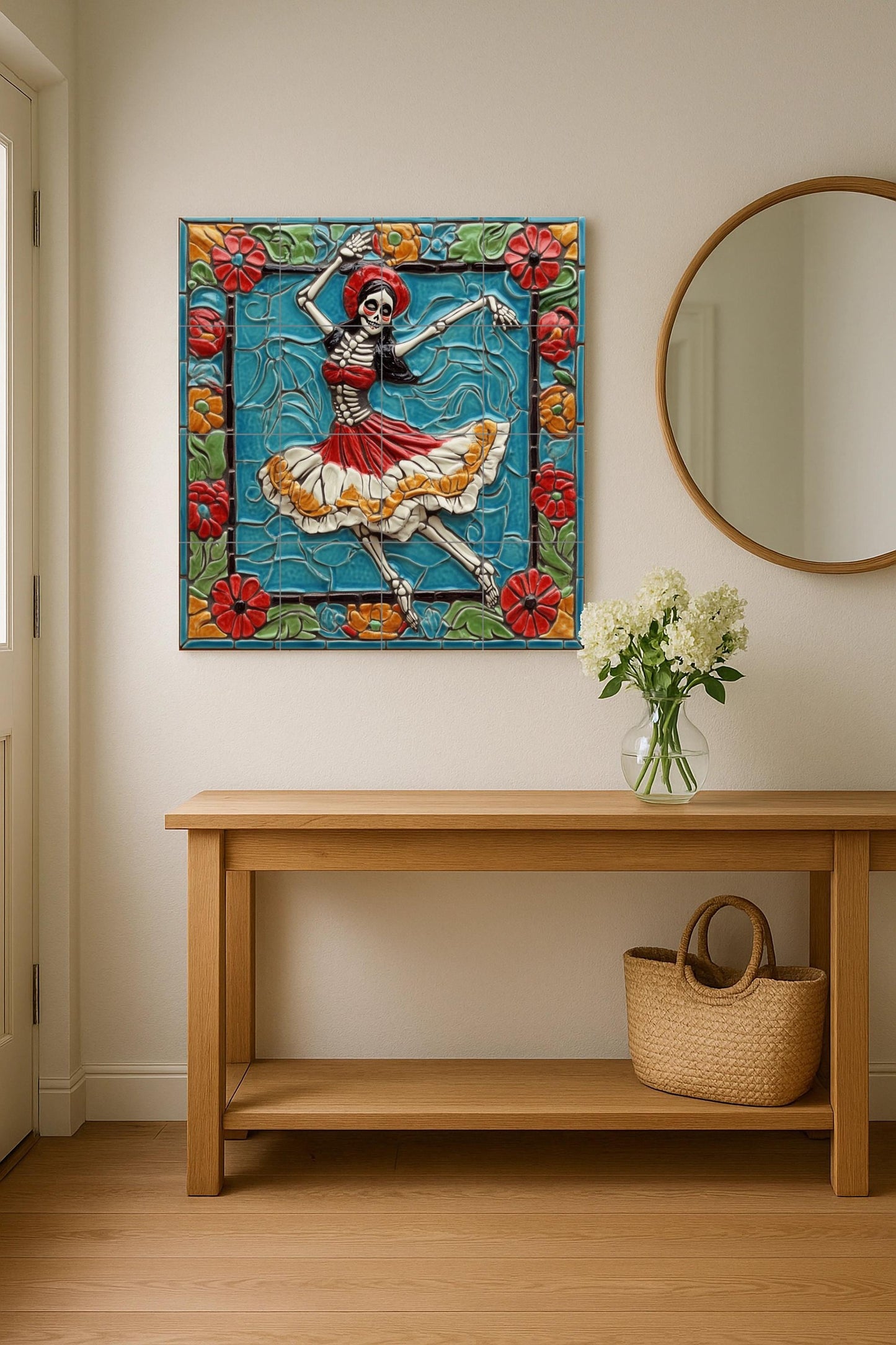 Dancing Skull Tile Mural / Mexican Day of the Dead Mural Art / Ceramic Decoration with Colorful Skeletons and Flowers / Folklore-Inspired Mural