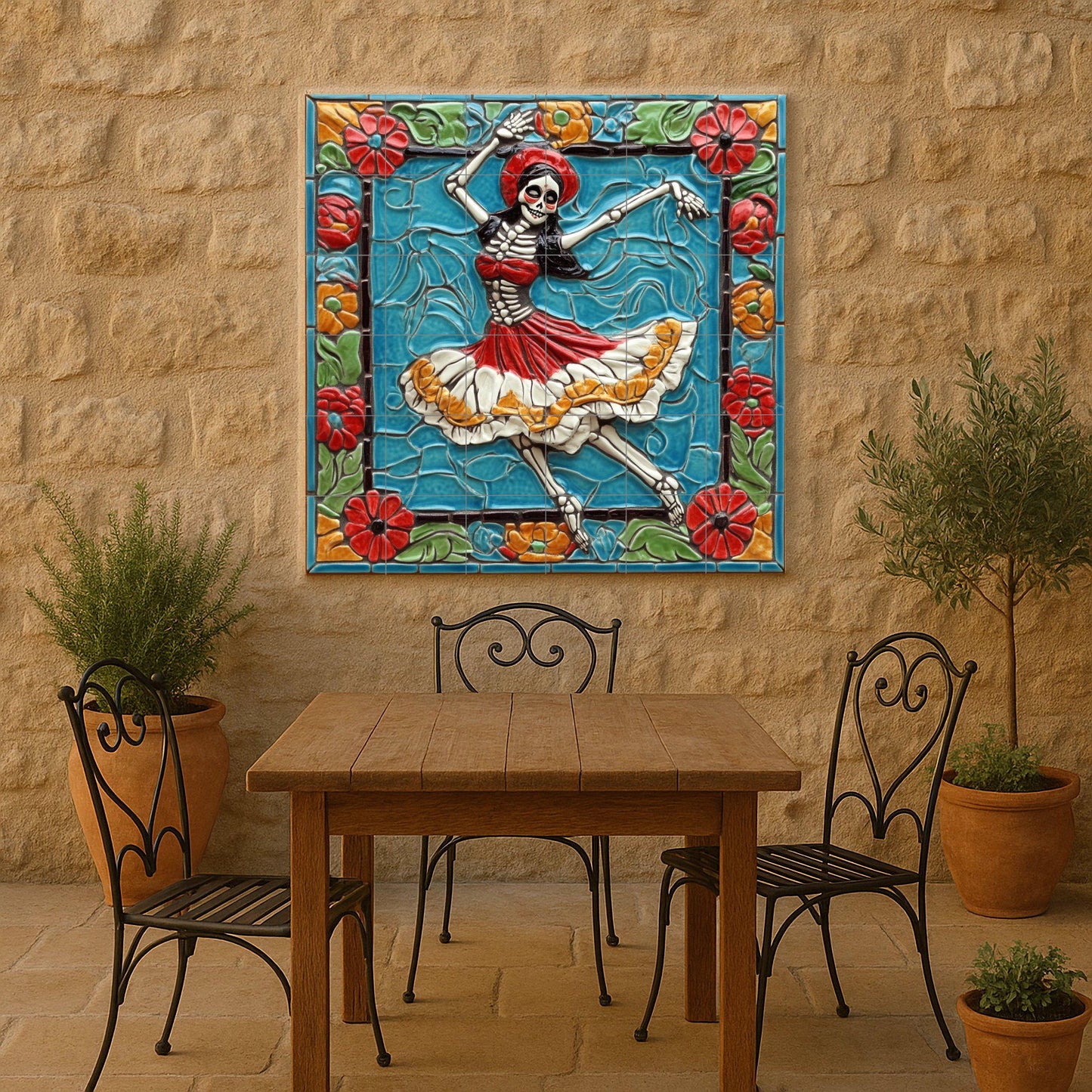 Dancing Skull Tile Mural / Mexican Day of the Dead Mural Art / Ceramic Decoration with Colorful Skeletons and Flowers / Folklore-Inspired Mural