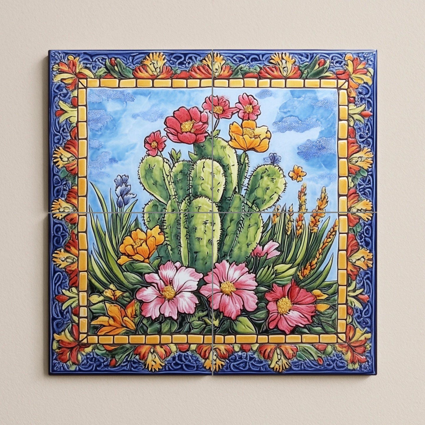 Mexican Cactus Tile Mural / Colorful Desert Floral Wall Art / Vibrant Ceramic Decor / Blooming Flowers and Cactus Patterns / Patio Charm