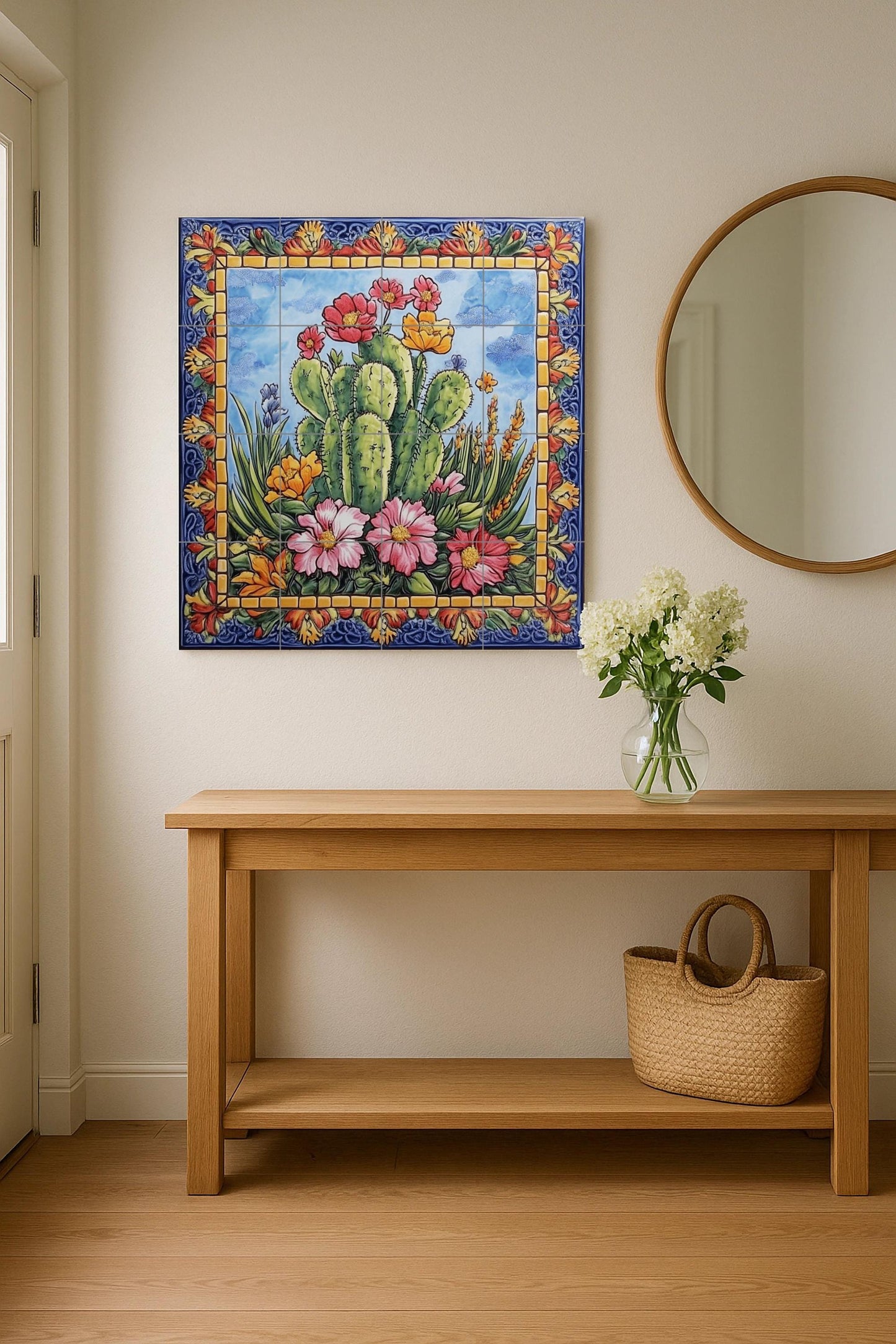 Mexican Cactus Tile Mural / Colorful Desert Floral Wall Art / Vibrant Ceramic Decor / Blooming Flowers and Cactus Patterns / Patio Charm