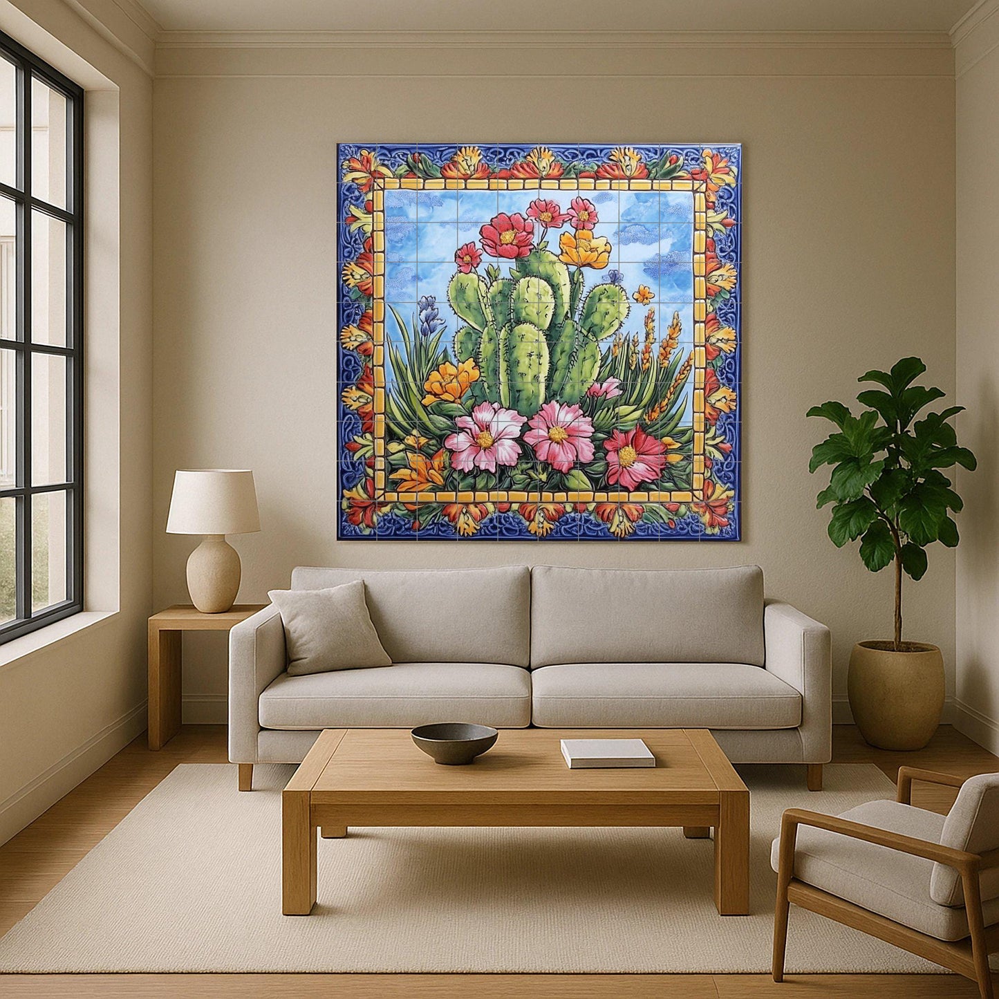 Mexican Cactus Tile Mural / Colorful Desert Floral Wall Art / Vibrant Ceramic Decor / Blooming Flowers and Cactus Patterns / Patio Charm