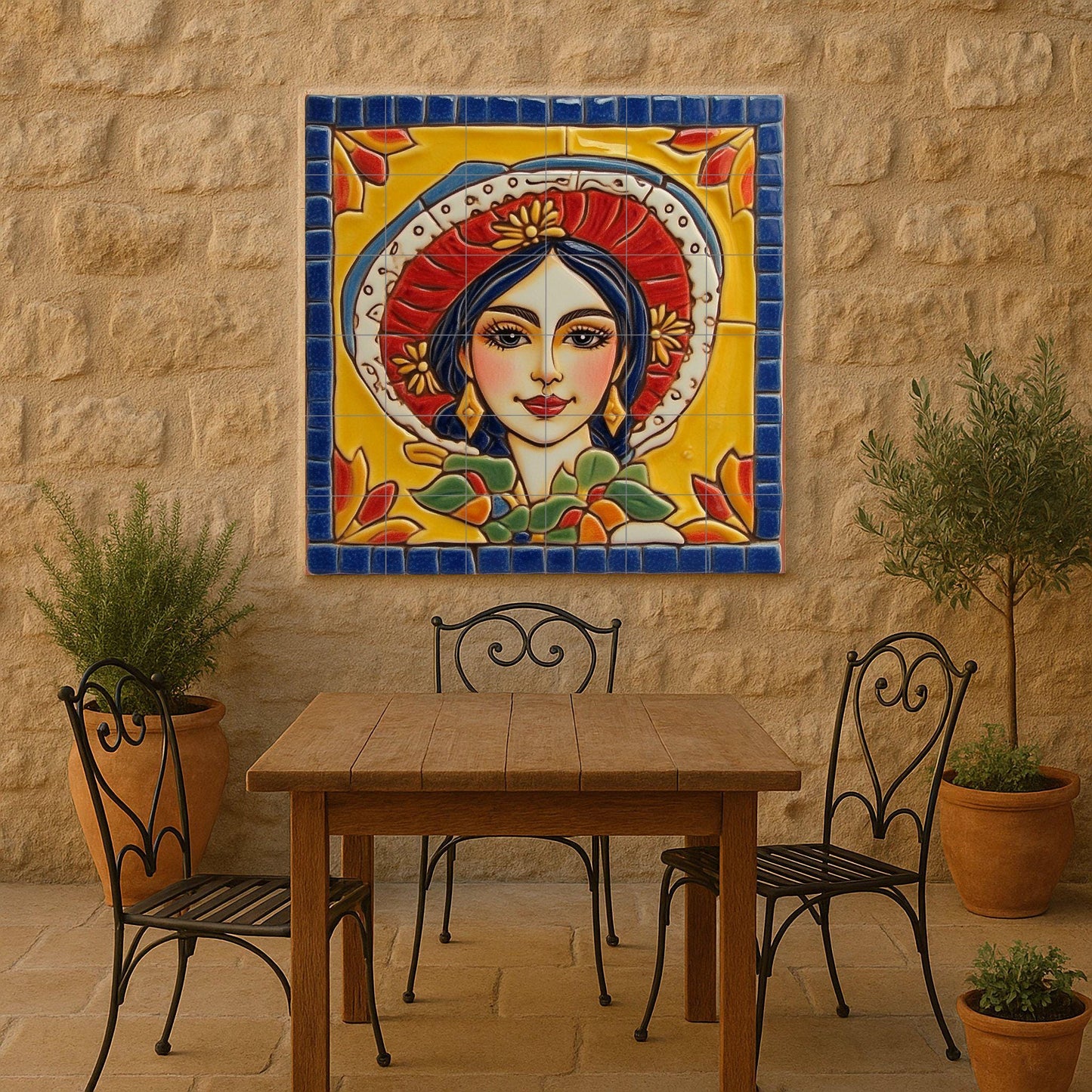 Traditional Mexican woman tile mural / Colorful ceramic mural art / Folk art decor / Vibrant floral prints / Mexican heritage decor