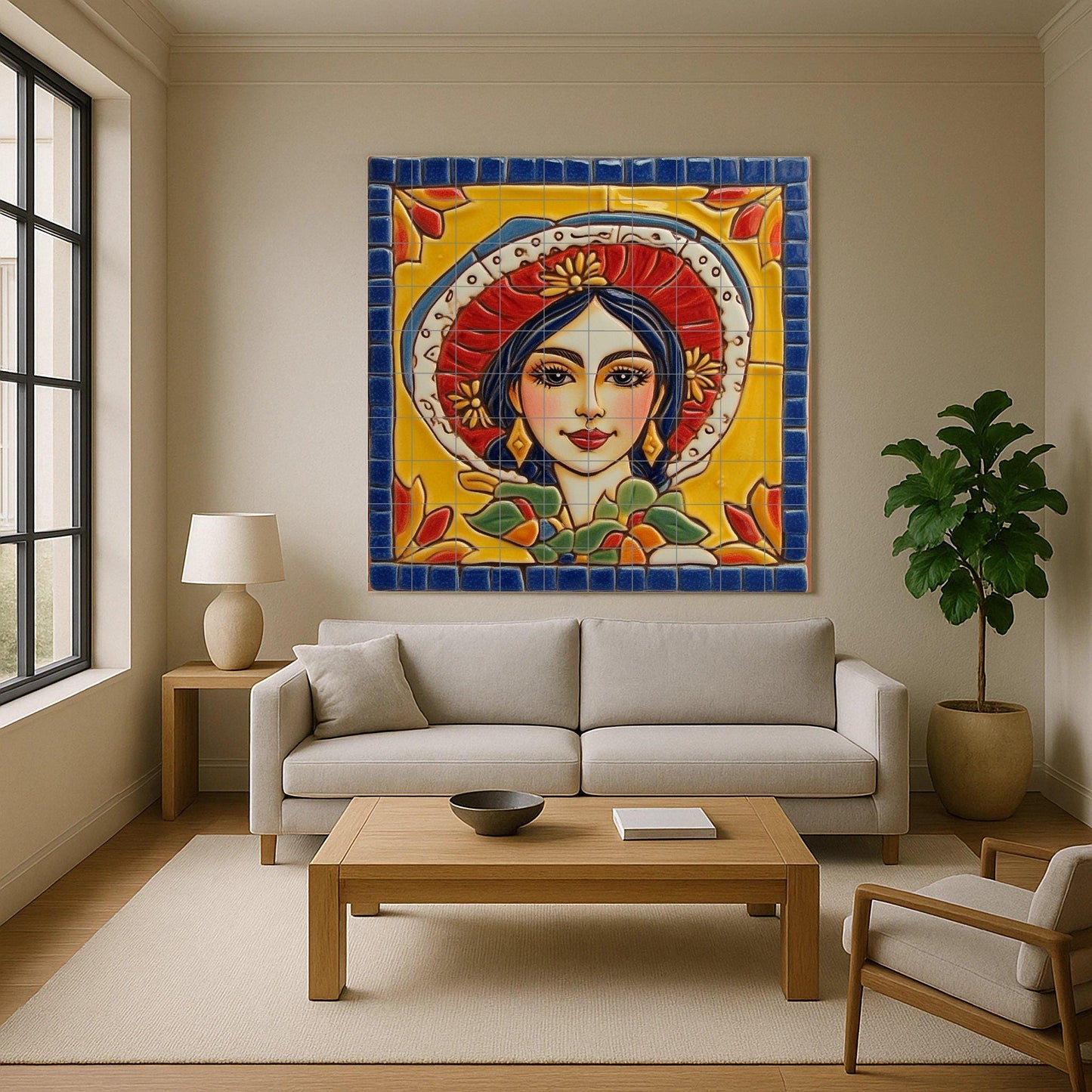 Traditional Mexican woman tile mural / Colorful ceramic mural art / Folk art decor / Vibrant floral prints / Mexican heritage decor