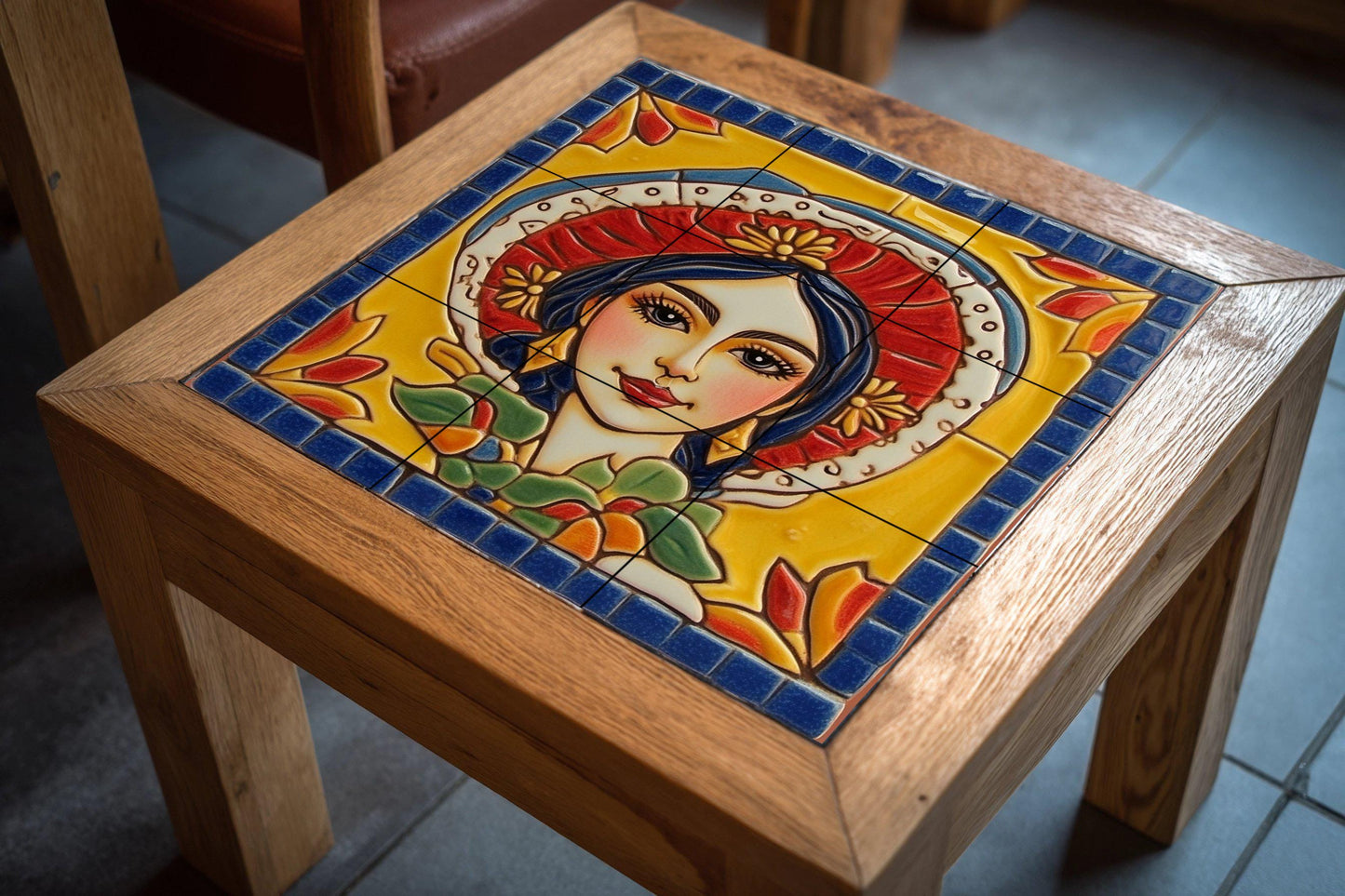 Traditional Mexican woman tile mural / Colorful ceramic mural art / Folk art decor / Vibrant floral prints / Mexican heritage decor