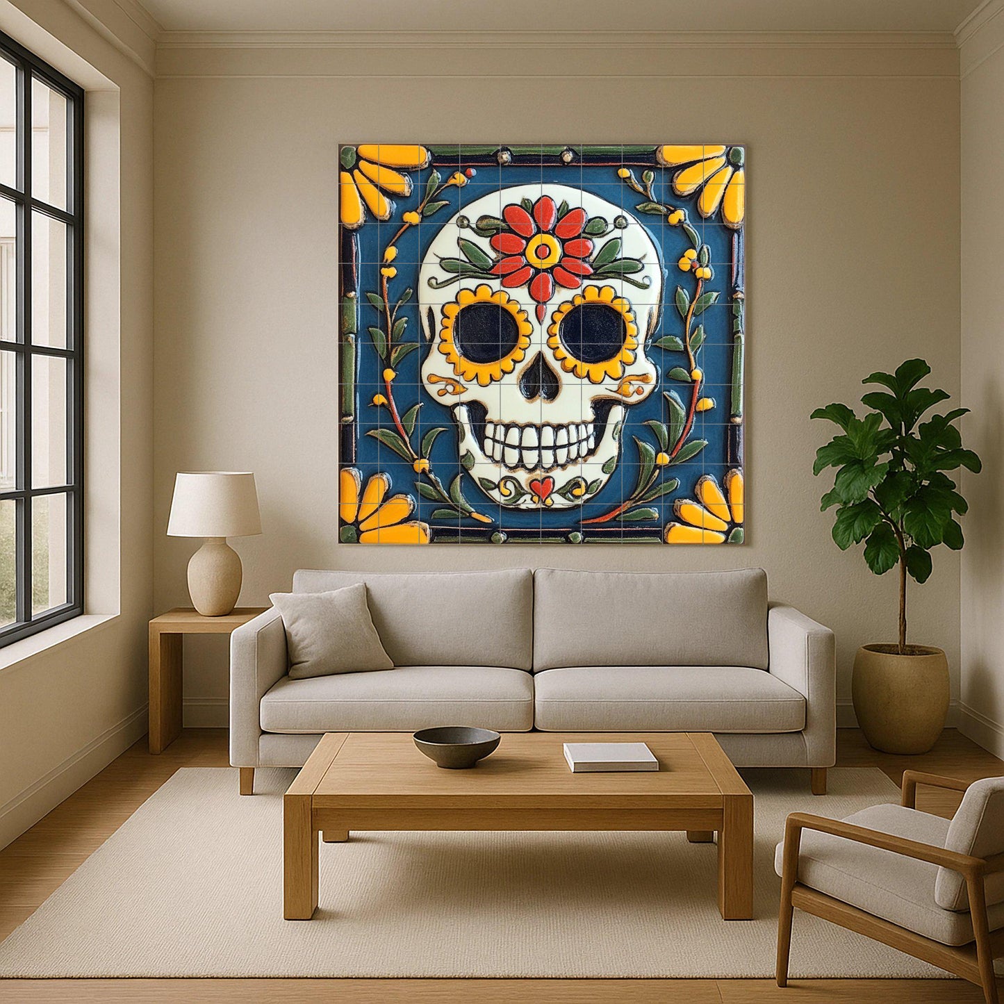 Day of the Dead Sugar Skull Tile Mural / Handmade Ceramic Art / Vibrant Floral Prints / Mexican Folk Art / Day of the Dead Decoration