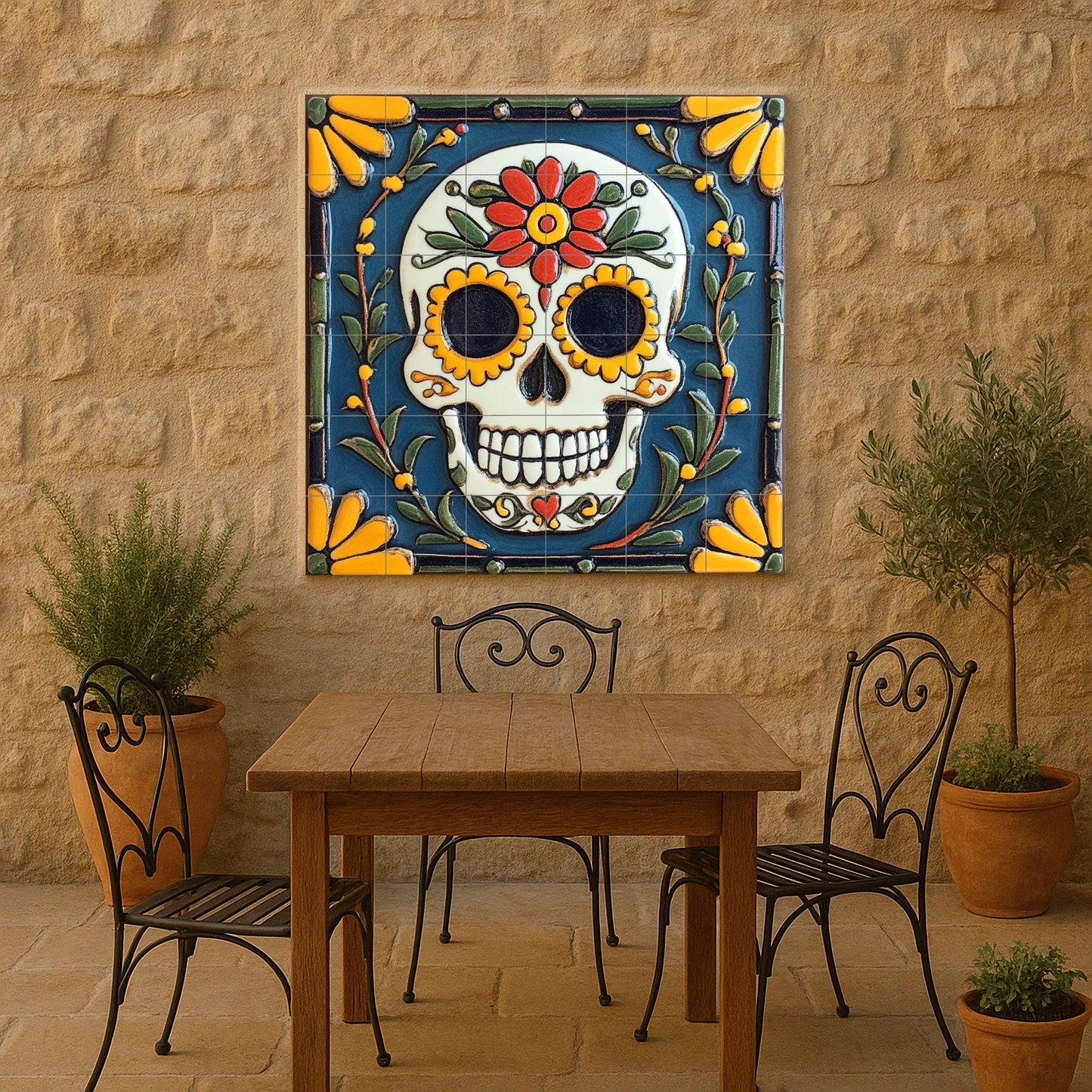 Day of the Dead Sugar Skull Tile Mural / Handmade Ceramic Art / Vibrant Floral Prints / Mexican Folk Art / Day of the Dead Decoration