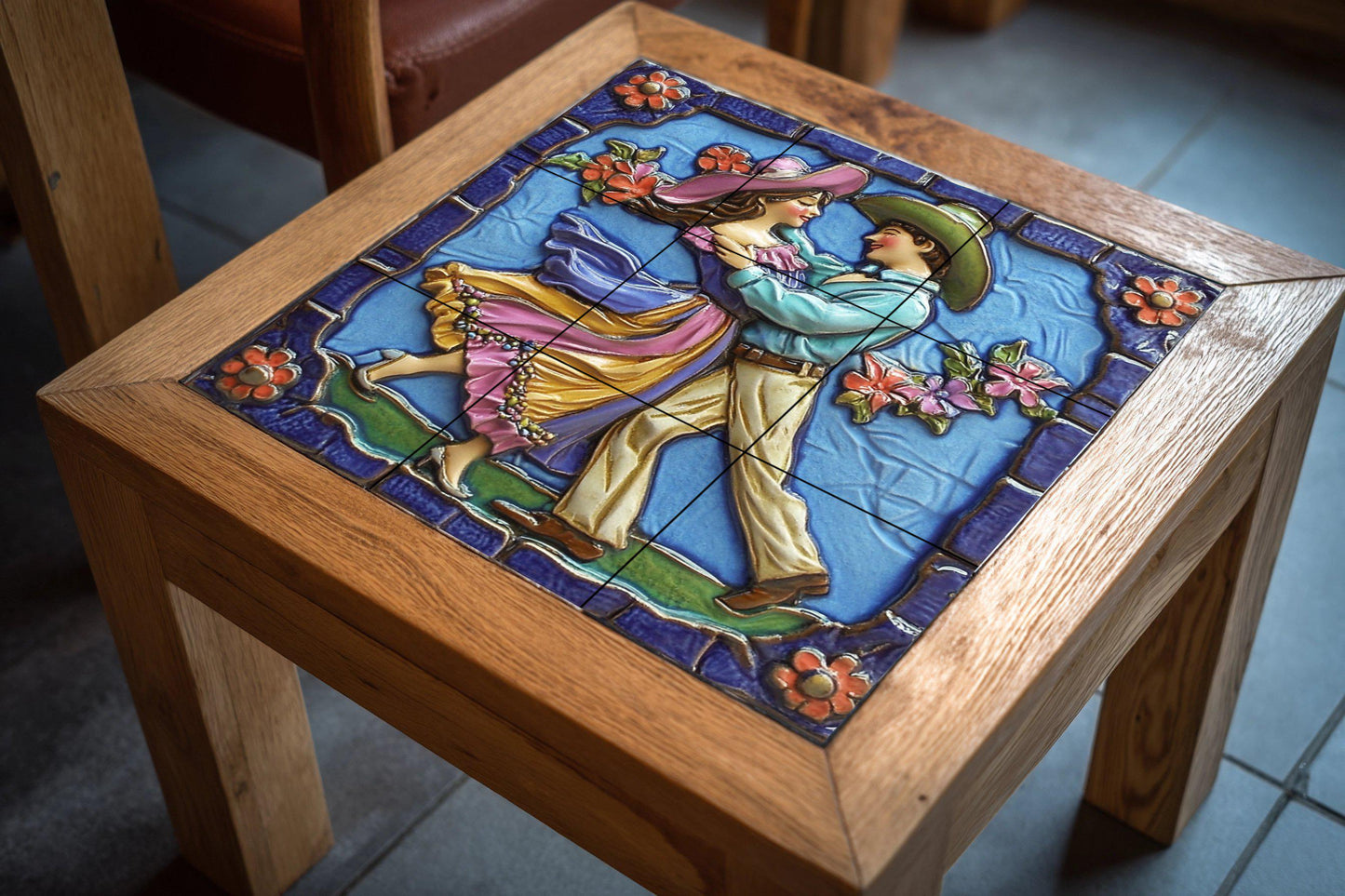 Mexican folk dance tile mural / Handmade ceramic art / Vibrant colors and floral details / Traditional dance scene / Mexican heritage