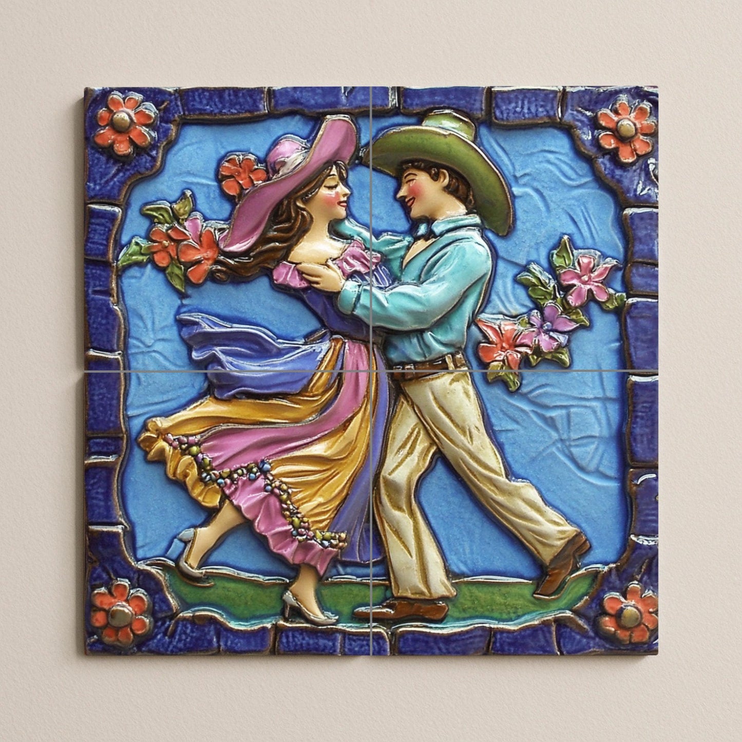 Mexican folk dance tile mural / Handmade ceramic art / Vibrant colors and floral details / Traditional dance scene / Mexican heritage