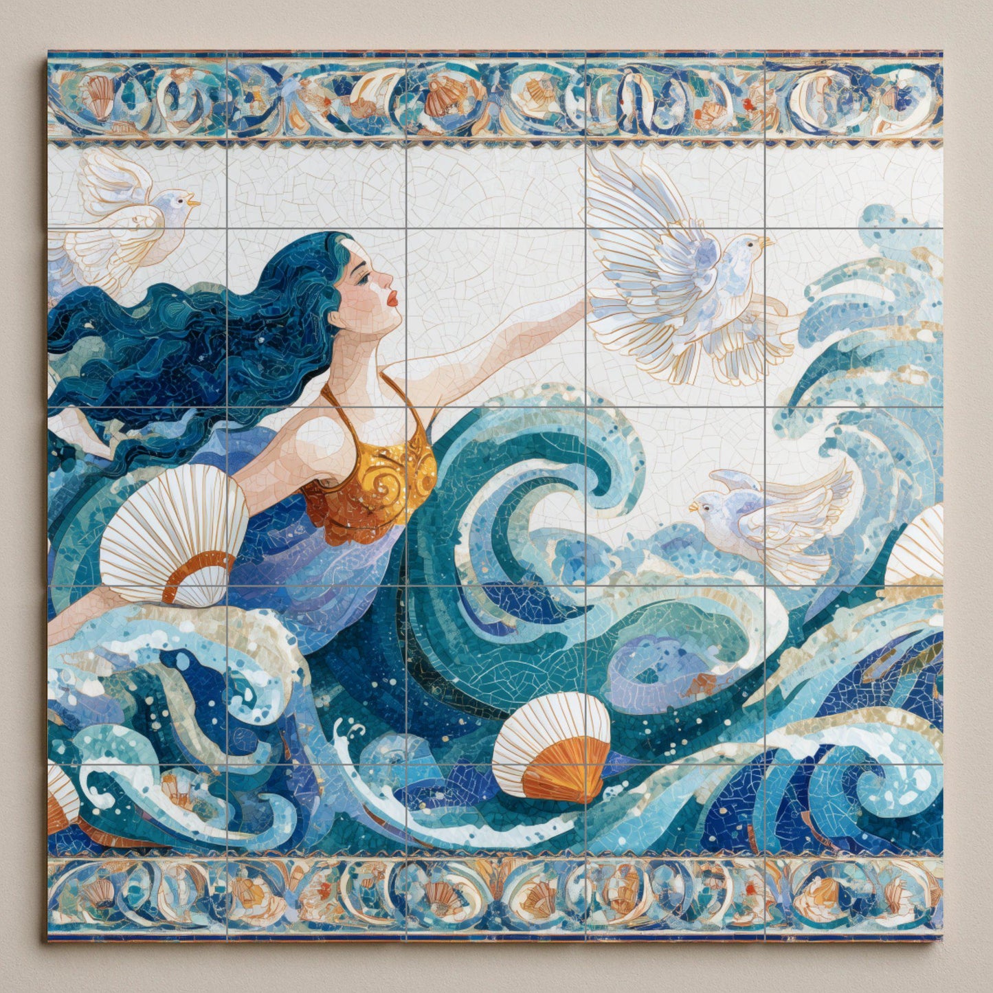 Ocean Goddess Tile Mural / Nautical Wall Art / Handmade Ceramic Decor / Marine Borders and Flowing Waves / Ethereal Ocean Scene