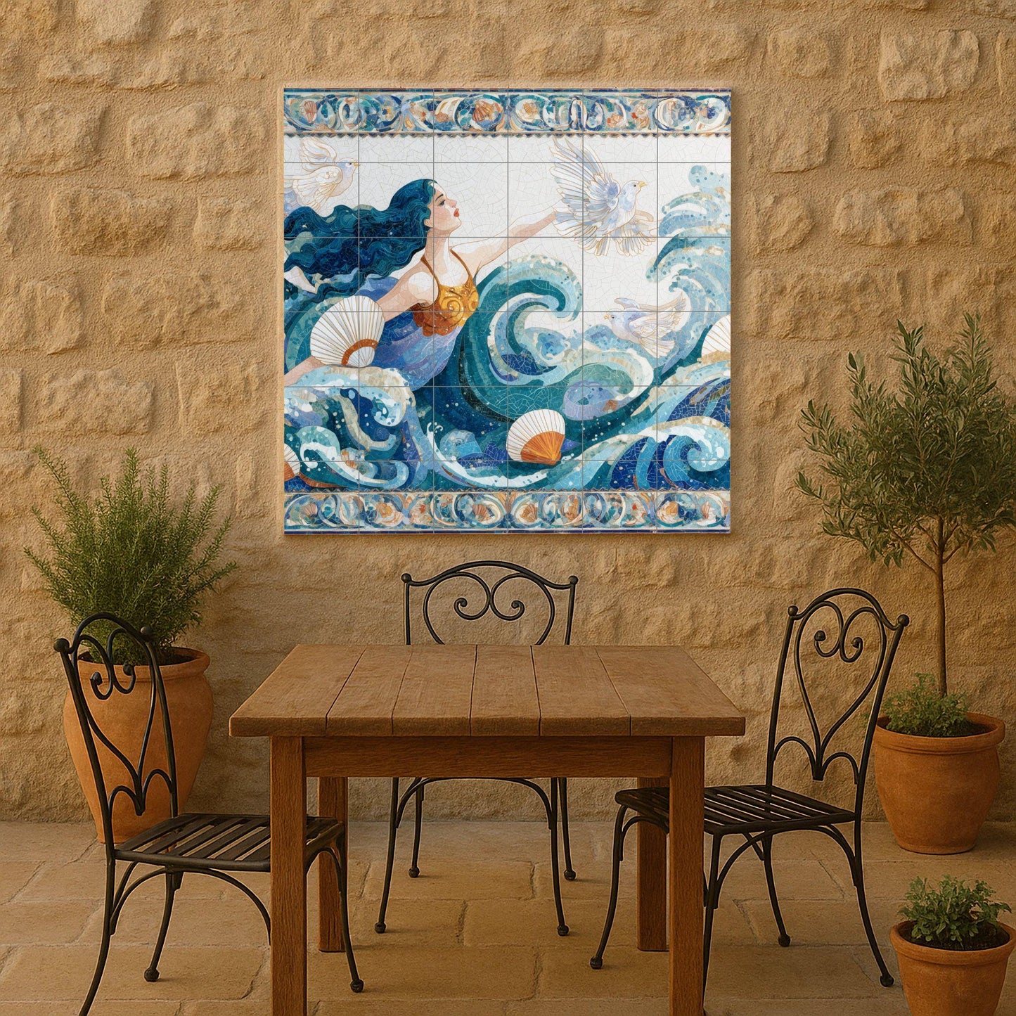Ocean Goddess Tile Mural / Nautical Wall Art / Handmade Ceramic Decor / Marine Borders and Flowing Waves / Ethereal Ocean Scene