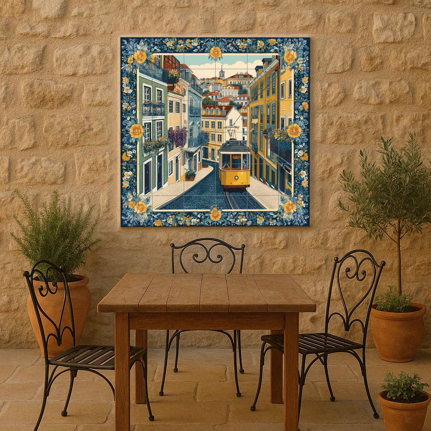 Lisbon tram tile mural / Portuguese street scene / Handcrafted ceramic decoration / Floral borders and iconic tram / Vibrant Lisbon cityscape