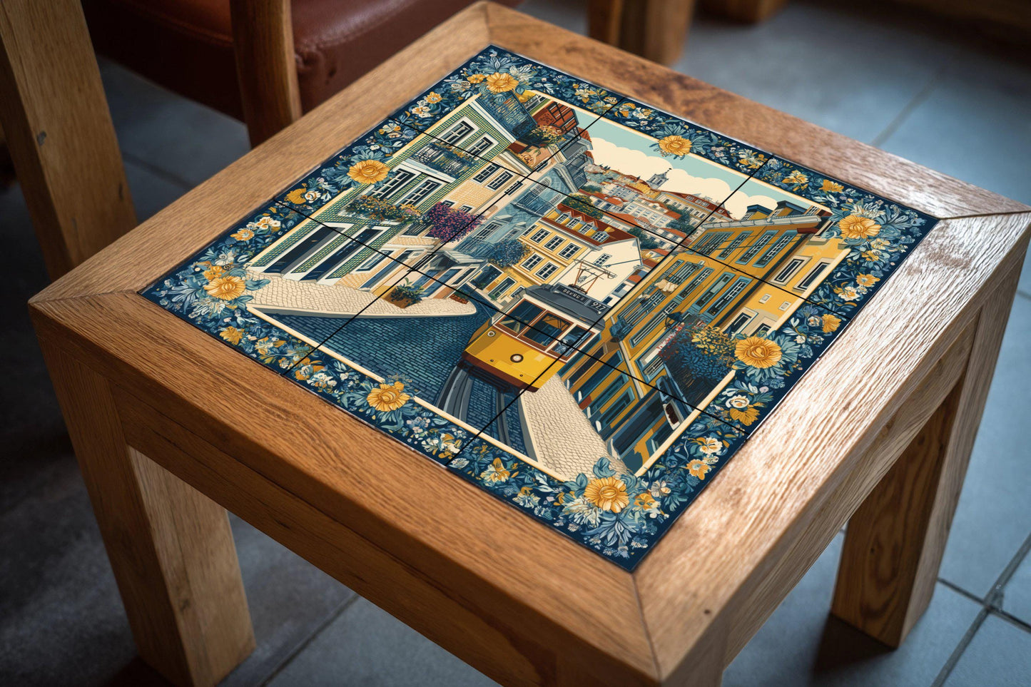 Lisbon tram tile mural / Portuguese street scene / Handcrafted ceramic decoration / Floral borders and iconic tram / Vibrant Lisbon cityscape