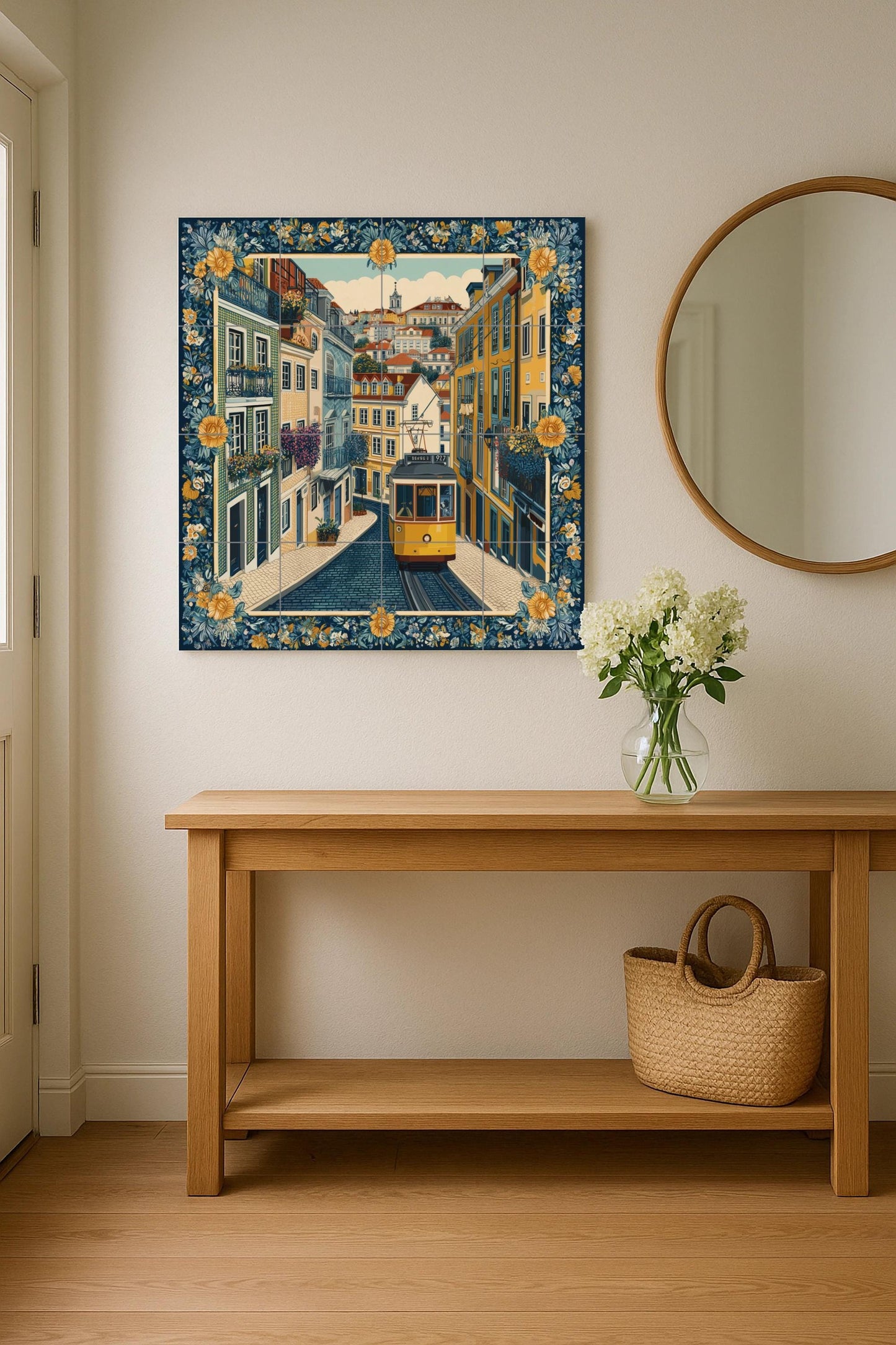 Lisbon tram tile mural / Portuguese street scene / Handcrafted ceramic decoration / Floral borders and iconic tram / Vibrant Lisbon cityscape