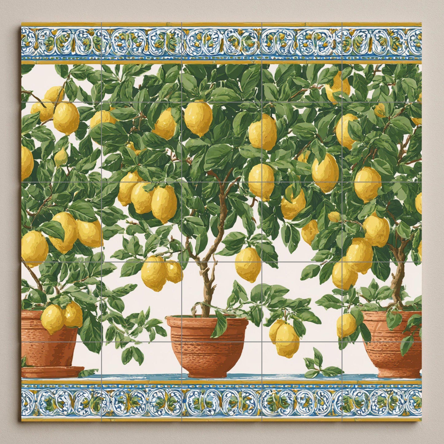 Lemon tree tile mural / Mediterranean wall art / Handmade ceramic decor / Terracotta pots and fresh lemons / Vibrant Mediterranean