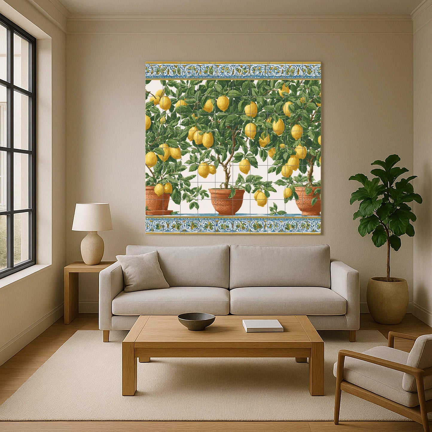 Lemon tree tile mural / Mediterranean wall art / Handmade ceramic decor / Terracotta pots and fresh lemons / Vibrant Mediterranean