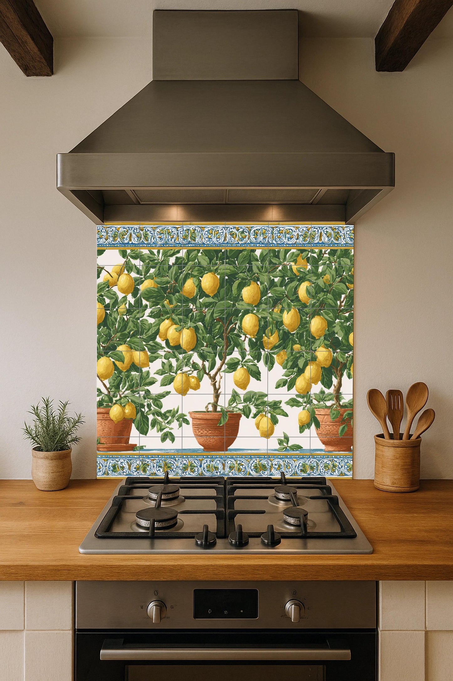 Lemon tree tile mural / Mediterranean wall art / Handmade ceramic decor / Terracotta pots and fresh lemons / Vibrant Mediterranean