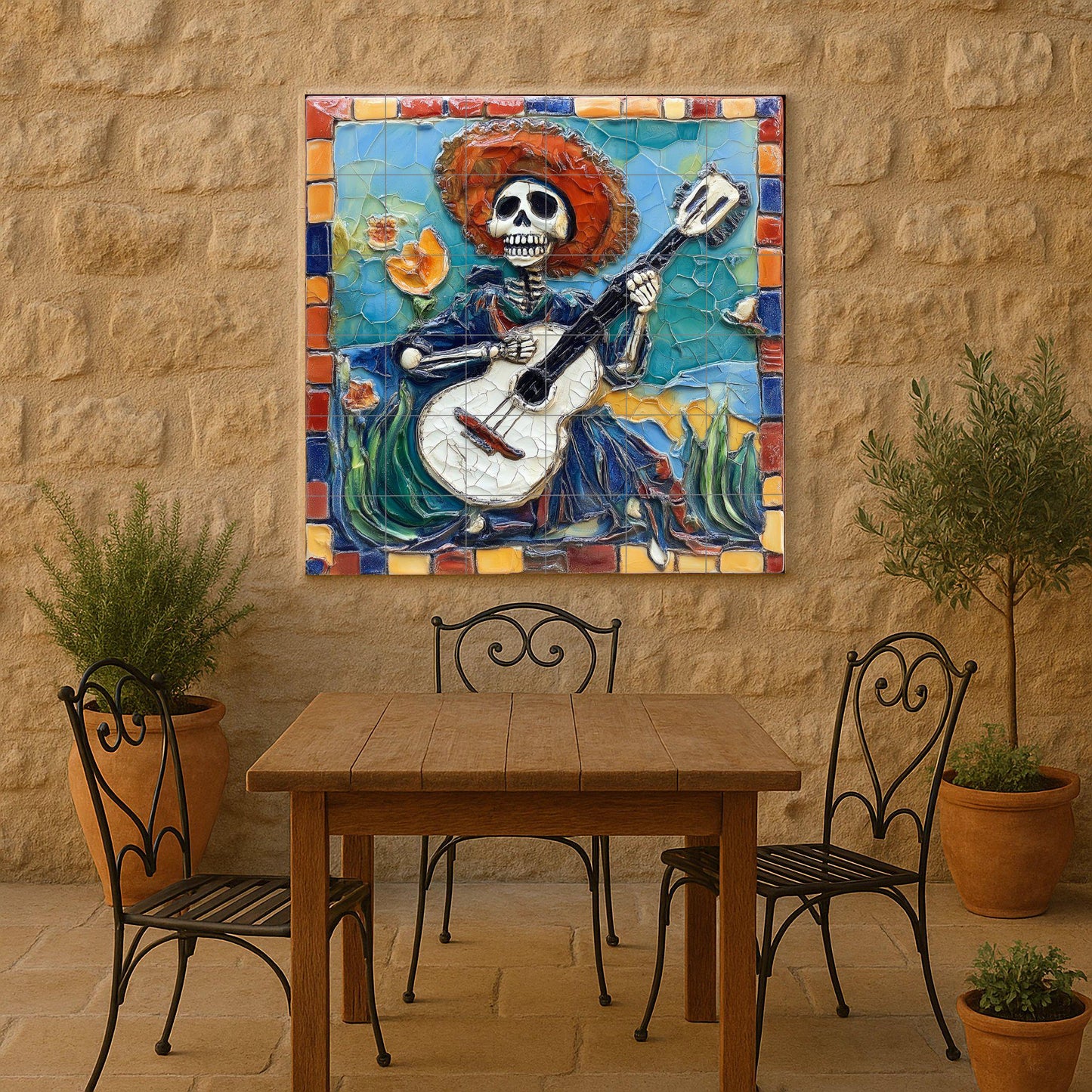 Day of the Dead tile mural / Mexican folk art decoration / Handmade ceramic skeleton musician / Vibrant colors and floral mosaic borders