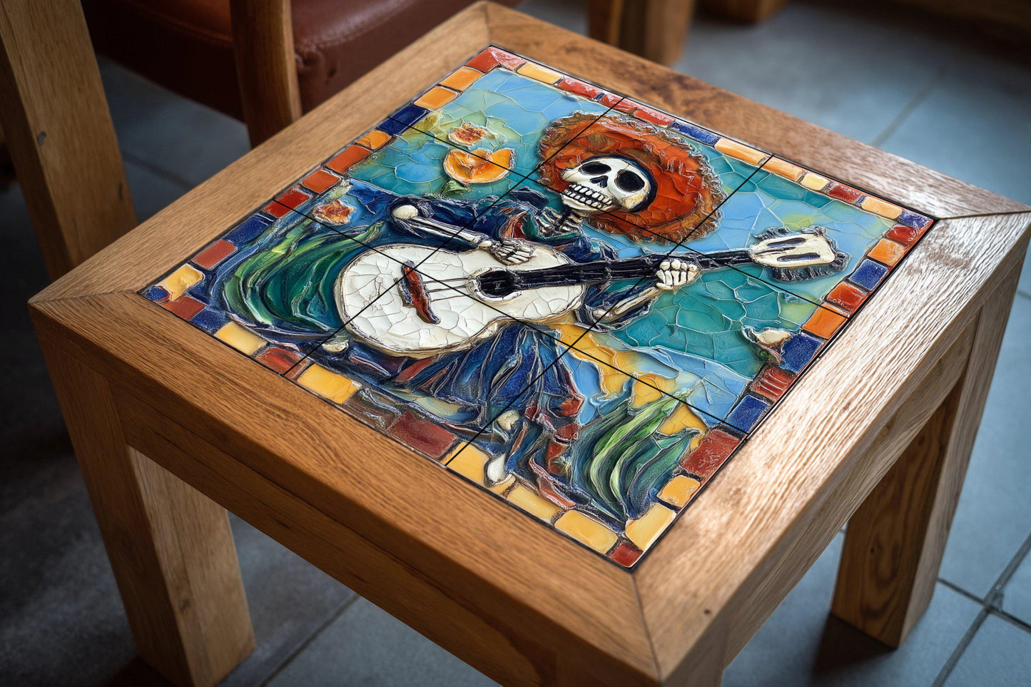 Day of the Dead tile mural / Mexican folk art decoration / Handmade ceramic skeleton musician / Vibrant colors and floral mosaic borders