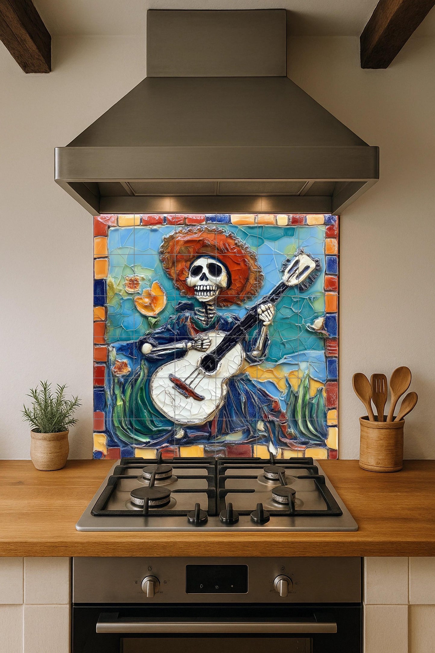 Day of the Dead tile mural / Mexican folk art decoration / Handmade ceramic skeleton musician / Vibrant colors and floral mosaic borders