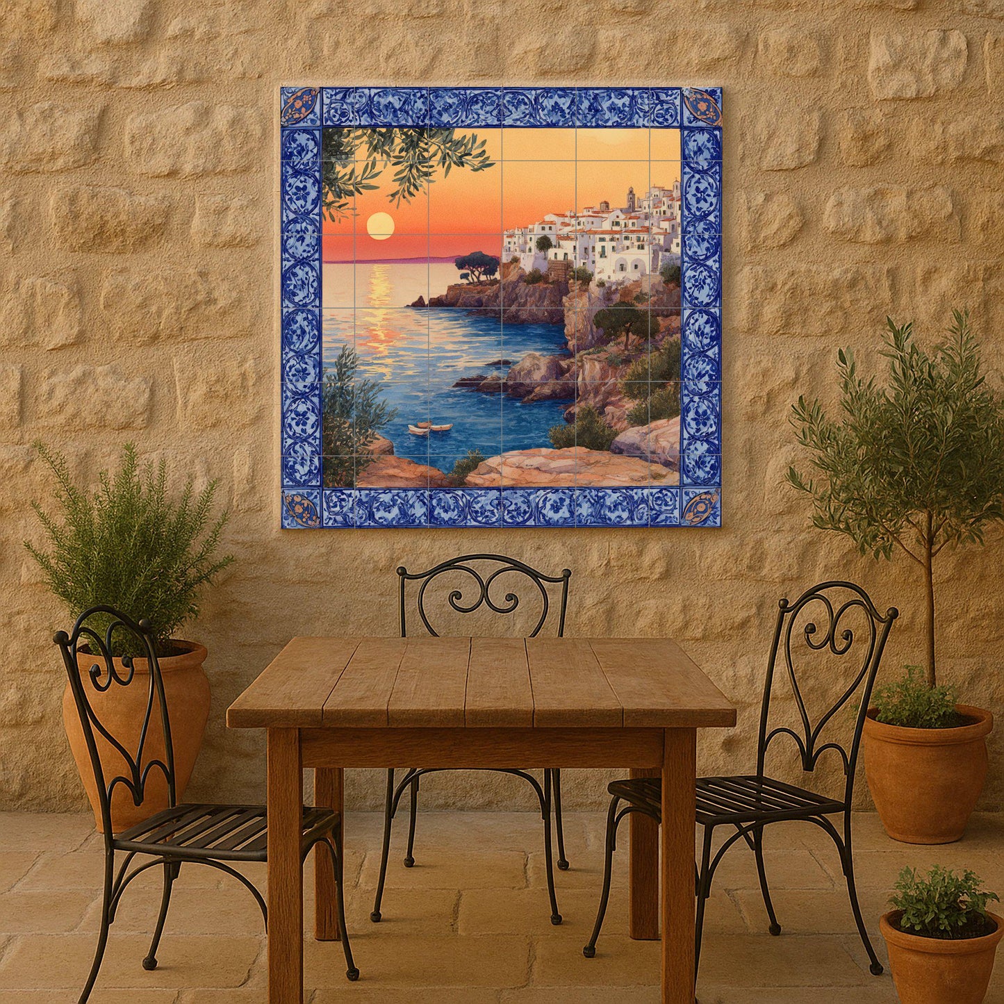 "Mediterranean Sunset" tile mural / Coastal village scene / Handmade ceramic decoration / Blue ceramic borders / Vibrant Mediterranean sunset