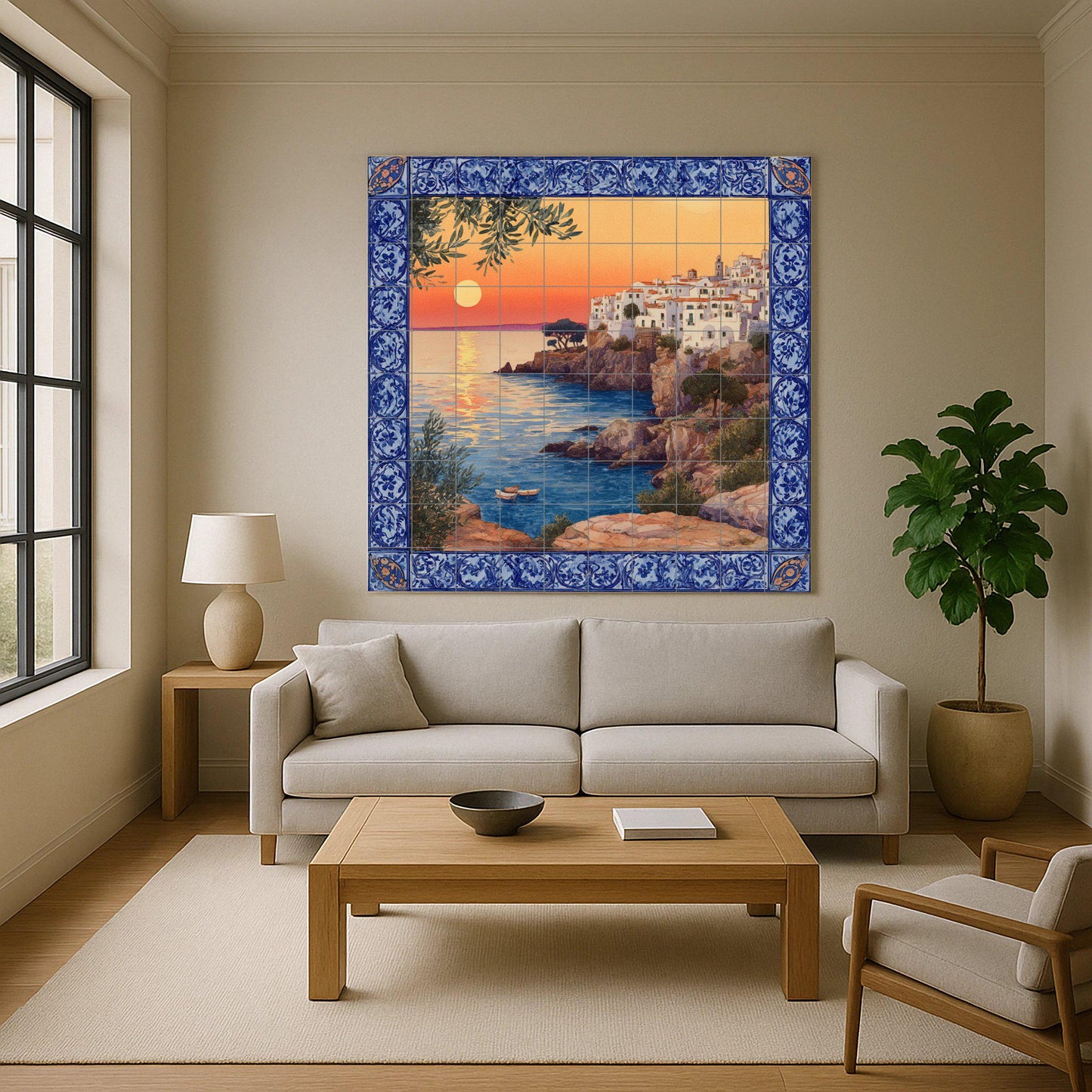 "Mediterranean Sunset" tile mural / Coastal village scene / Handmade ceramic decoration / Blue ceramic borders / Vibrant Mediterranean sunset