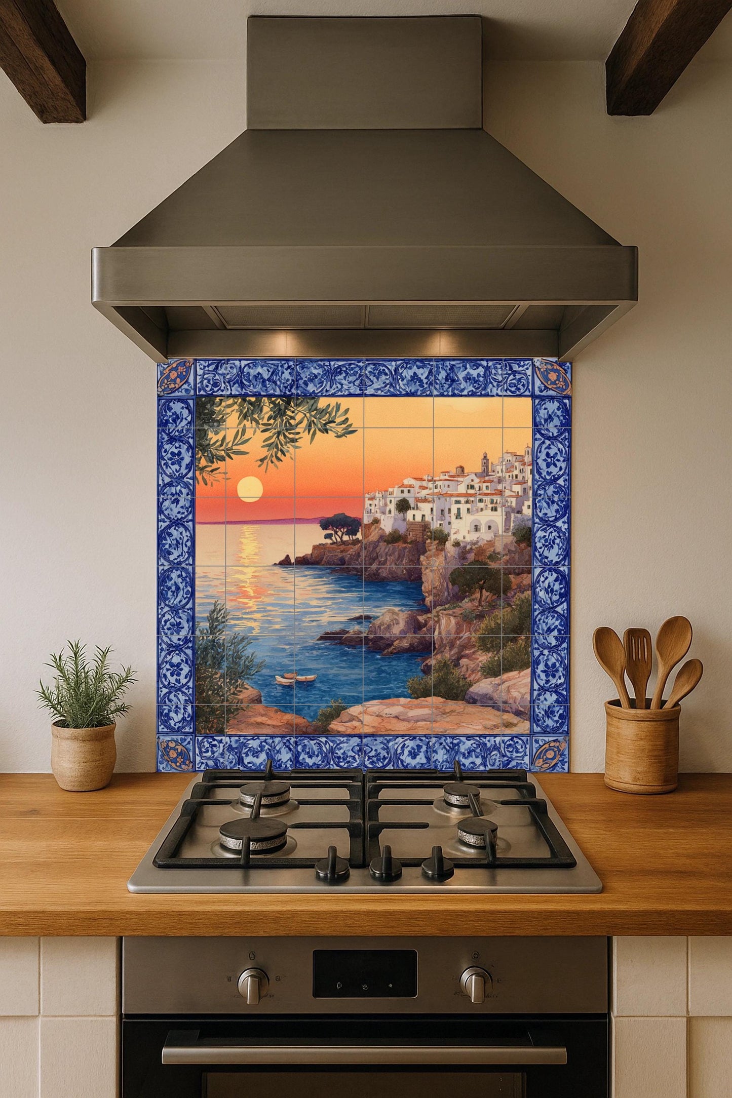 "Mediterranean Sunset" tile mural / Coastal village scene / Handmade ceramic decoration / Blue ceramic borders / Vibrant Mediterranean sunset