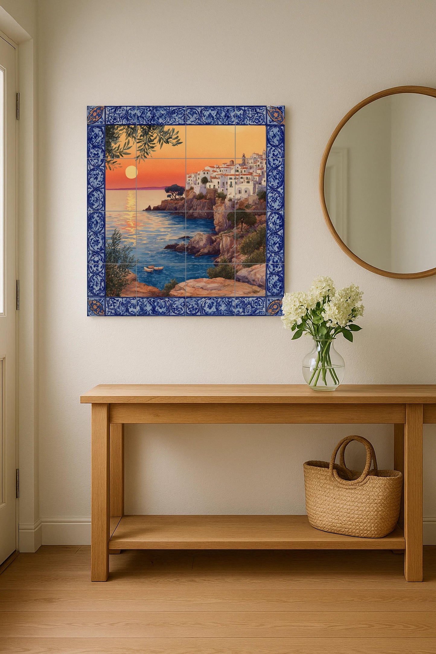 "Mediterranean Sunset" tile mural / Coastal village scene / Handmade ceramic decoration / Blue ceramic borders / Vibrant Mediterranean sunset