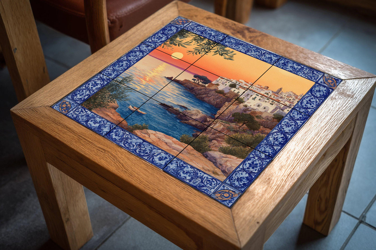 "Mediterranean Sunset" tile mural / Coastal village scene / Handmade ceramic decoration / Blue ceramic borders / Vibrant Mediterranean sunset