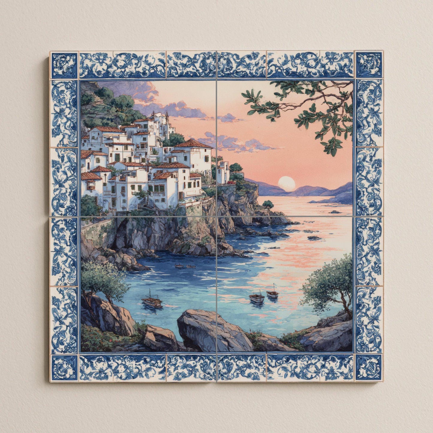 Mediterranean Sunset Tile Mural / Coastal Village Scene / Handmade Ceramic Decoration / Blue and White Tile Art / Mediterranean Cliff