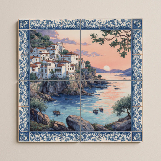 Mediterranean Sunset Tile Mural / Coastal Village Scene / Handmade Ceramic Decoration / Blue and White Tile Art / Mediterranean Cliff