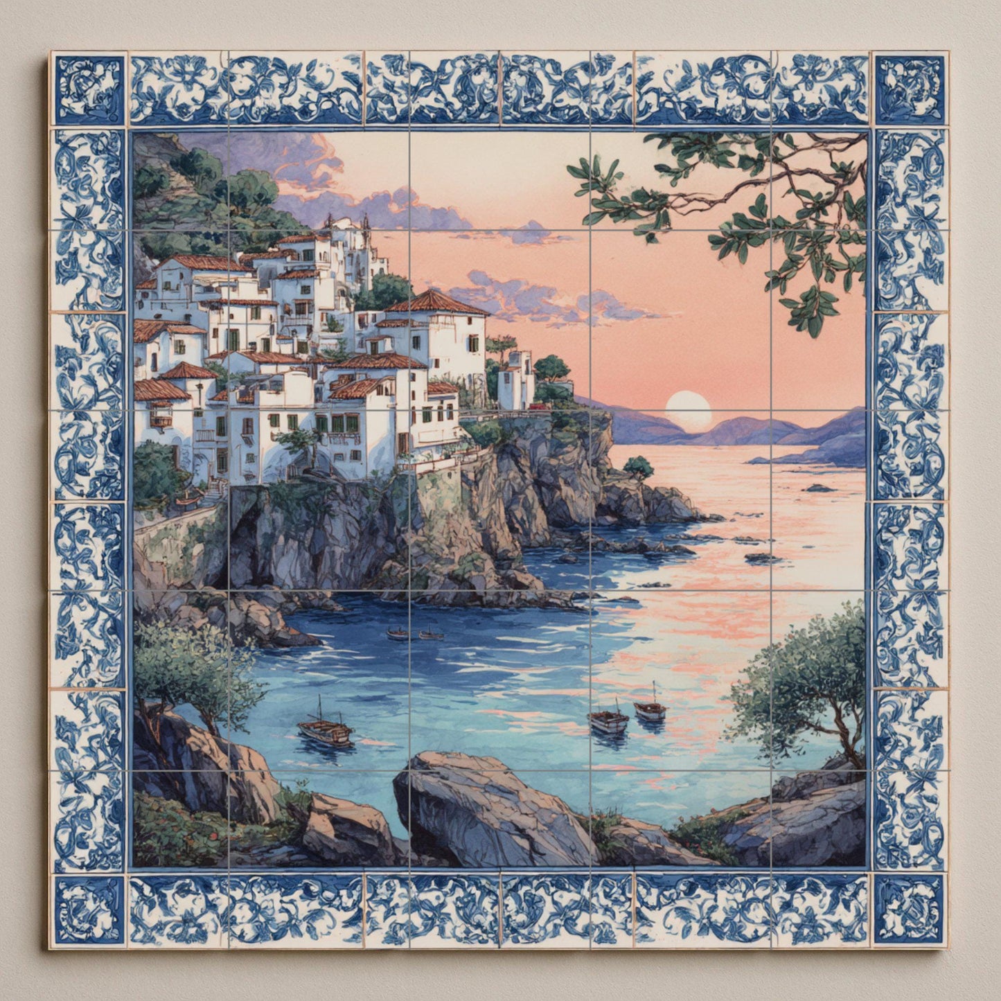 Mediterranean Sunset Tile Mural / Coastal Village Scene / Handmade Ceramic Decoration / Blue and White Tile Art / Mediterranean Cliff