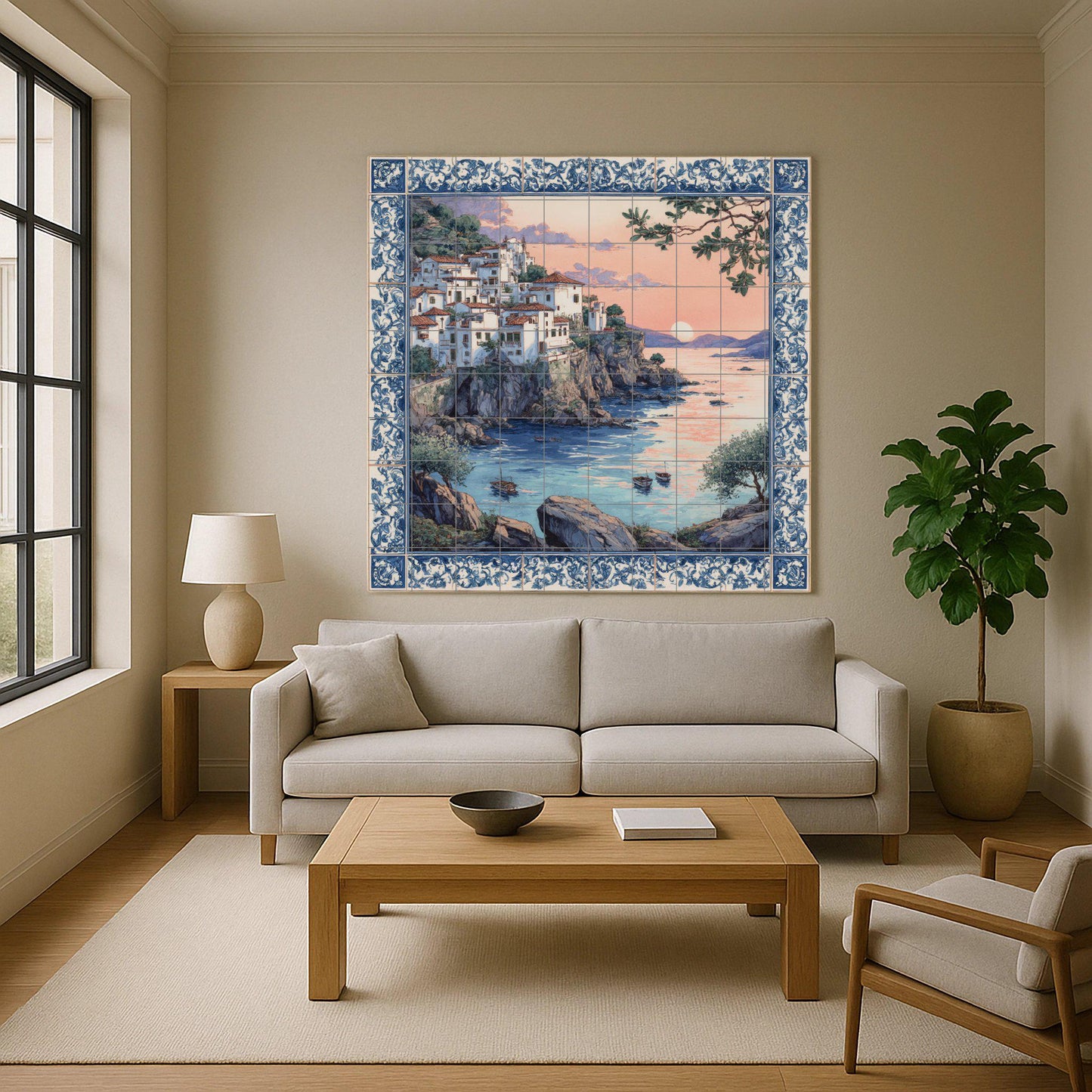 Mediterranean Sunset Tile Mural / Coastal Village Scene / Handmade Ceramic Decoration / Blue and White Tile Art / Mediterranean Cliff