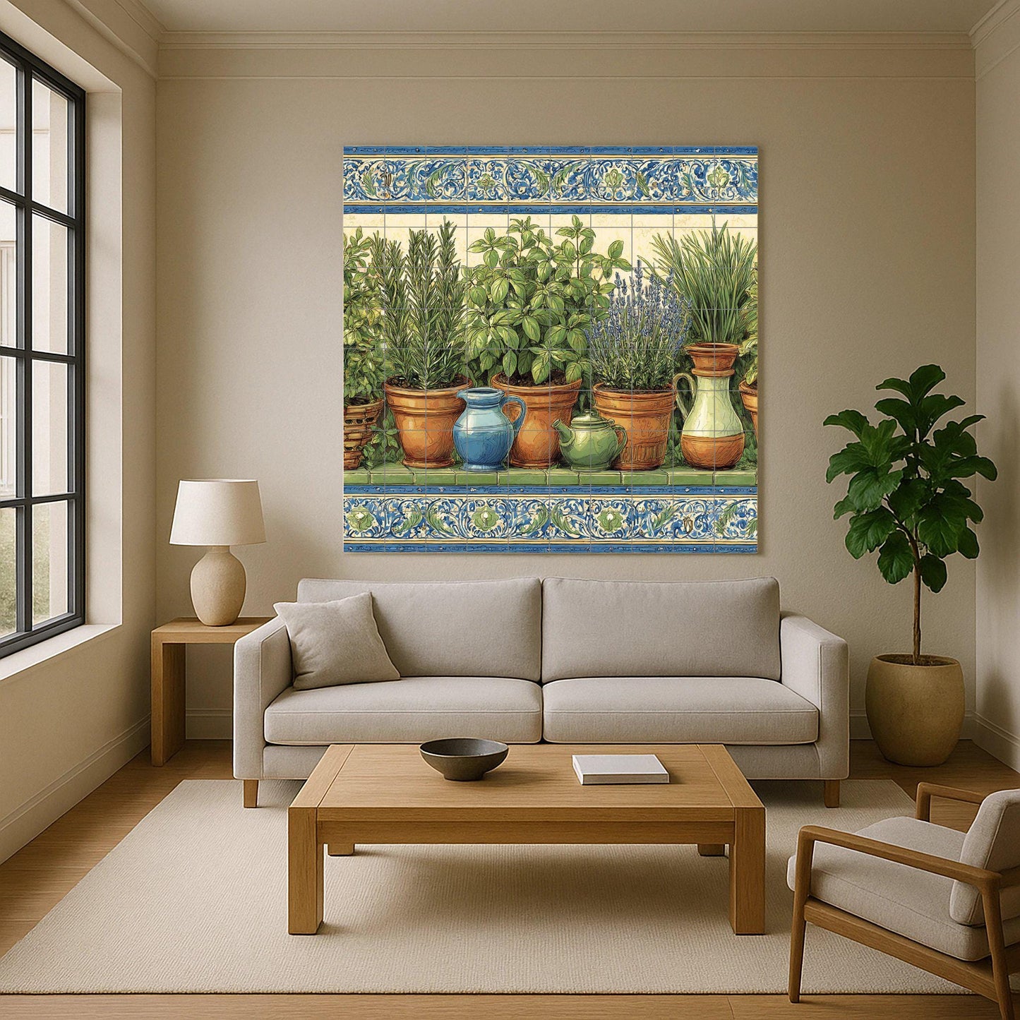 Herb garden tile mural / Rustic Mediterranean wall art / Terracotta pots and fresh herbs / Handmade ceramic decor / Natural kitchen