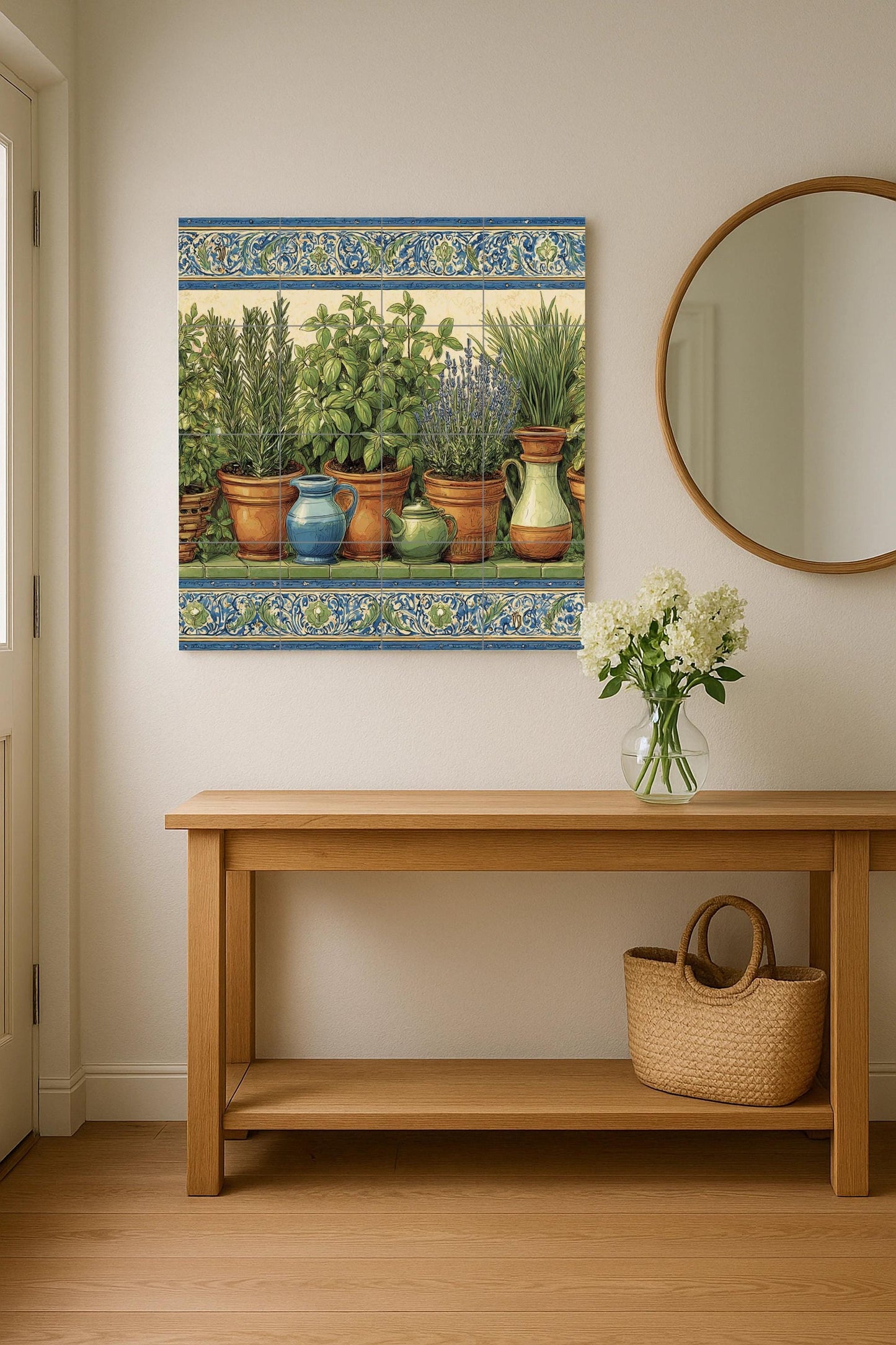 Herb garden tile mural / Rustic Mediterranean wall art / Terracotta pots and fresh herbs / Handmade ceramic decor / Natural kitchen