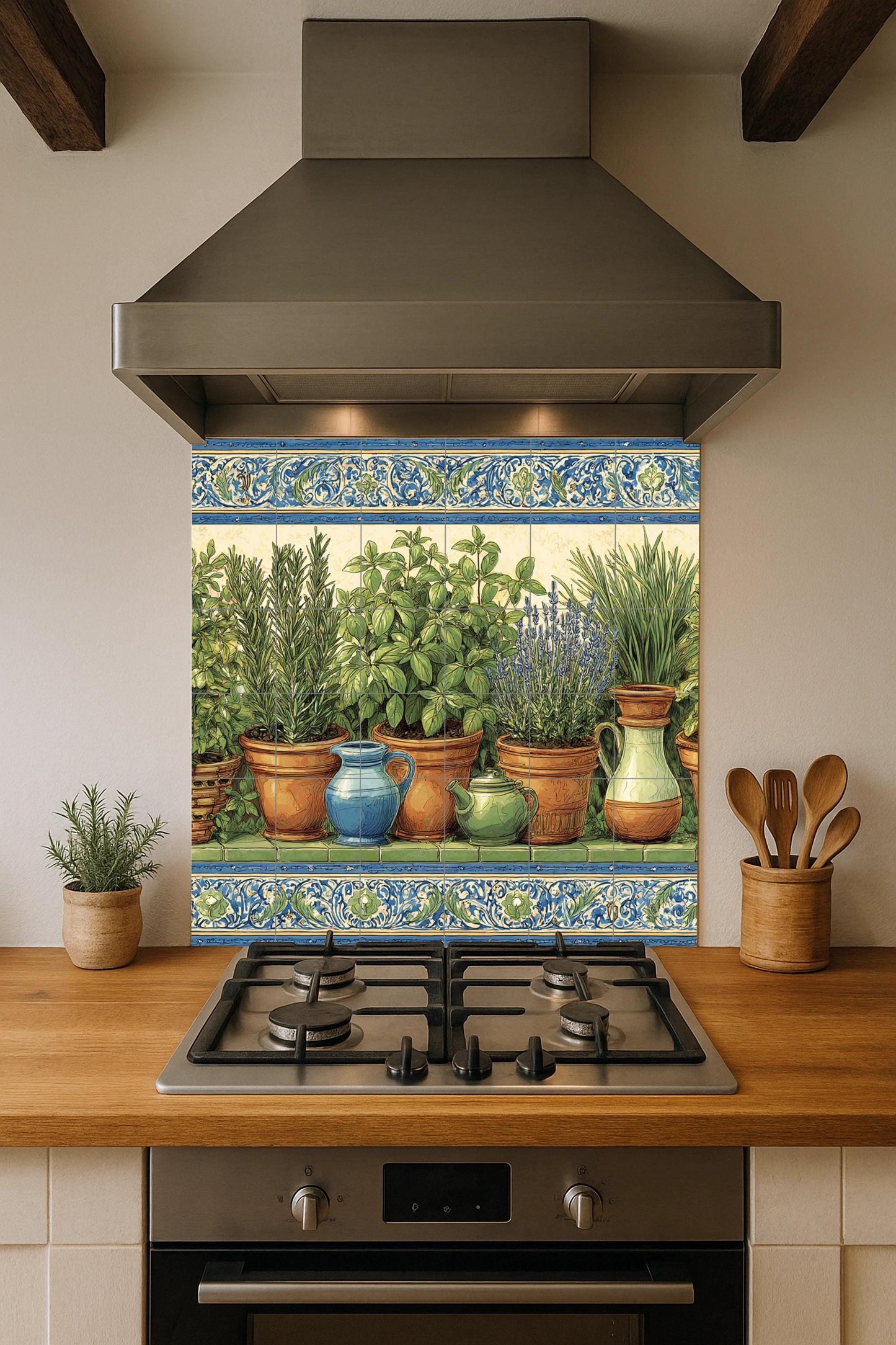 Herb garden tile mural / Rustic Mediterranean wall art / Terracotta pots and fresh herbs / Handmade ceramic decor / Natural kitchen