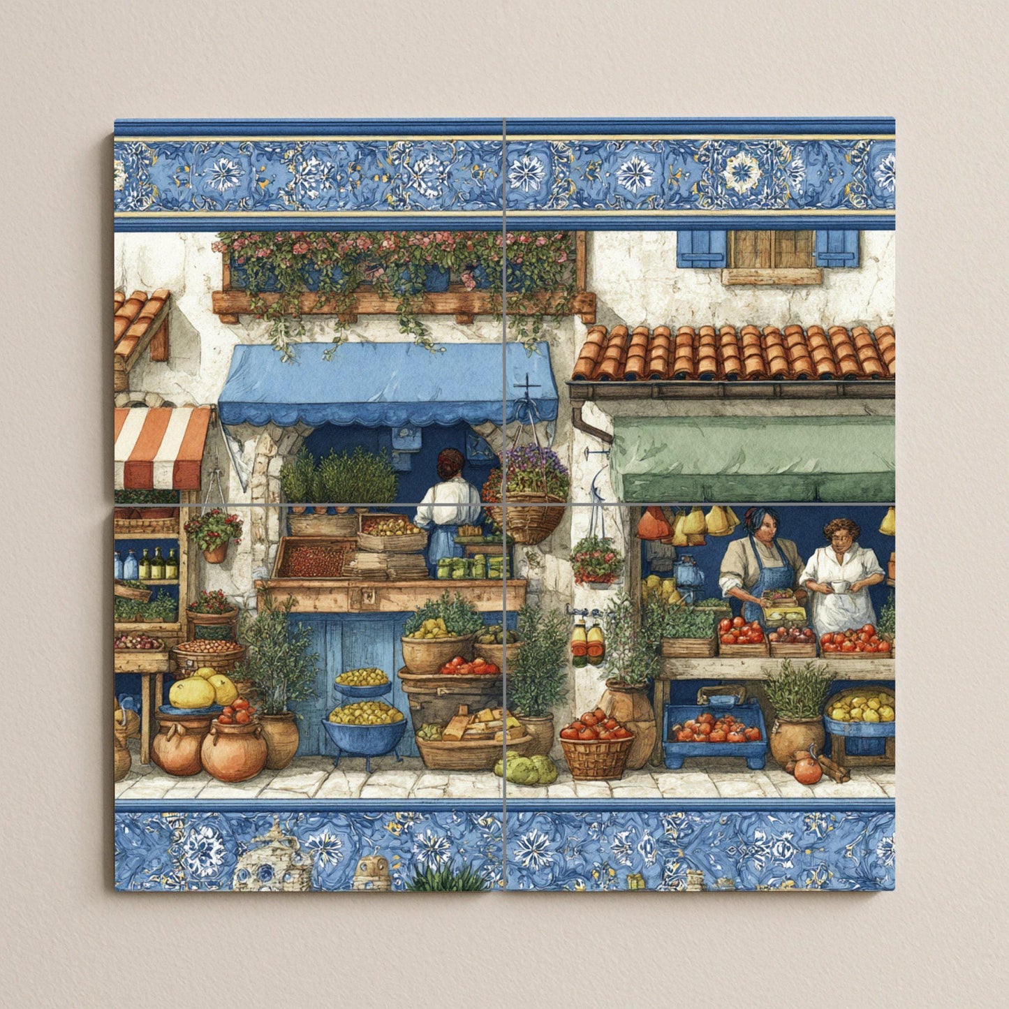 Mediterranean market tile mural / Spanish village scene / Handmade ceramic decoration / Fresh produce and herbs / Rustic Mediterranean accent