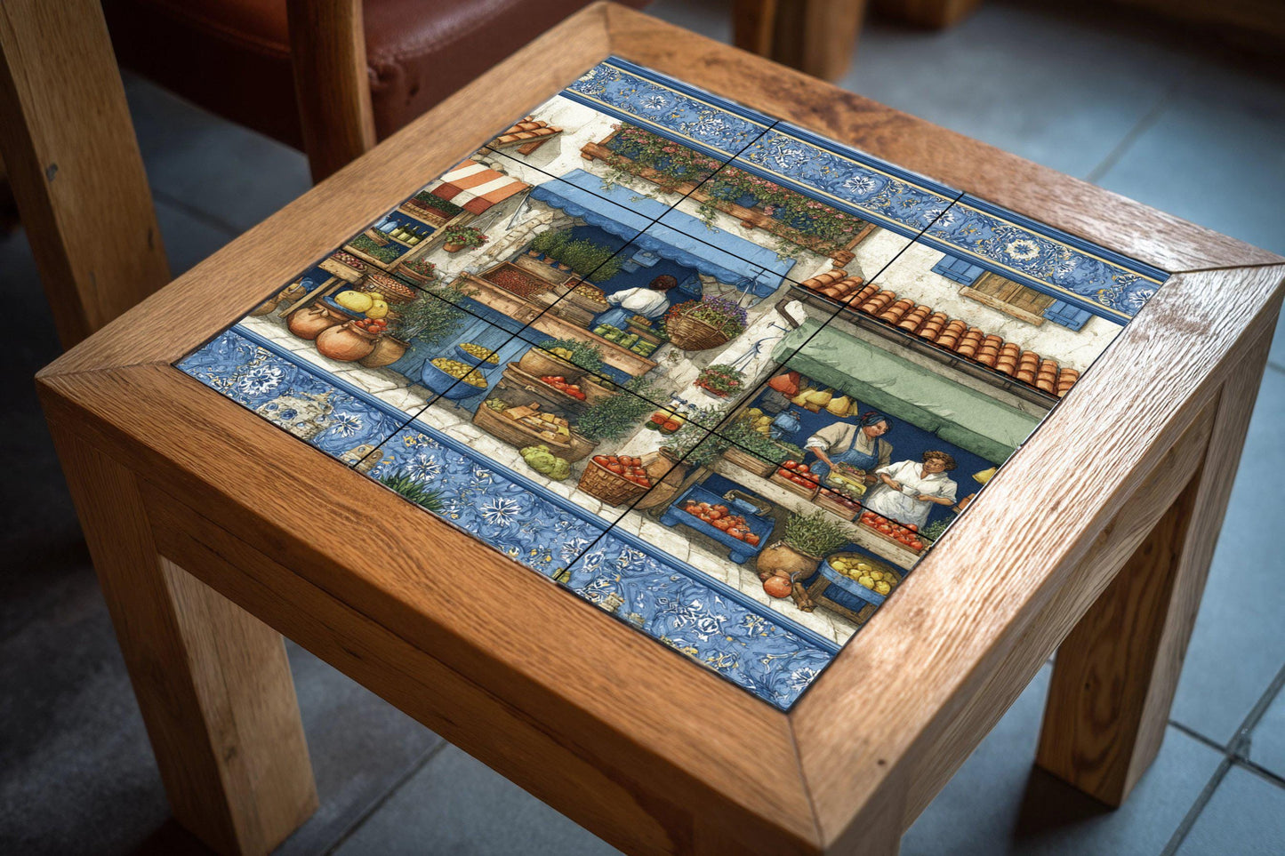 Mediterranean market tile mural / Spanish village scene / Handmade ceramic decoration / Fresh produce and herbs / Rustic Mediterranean accent