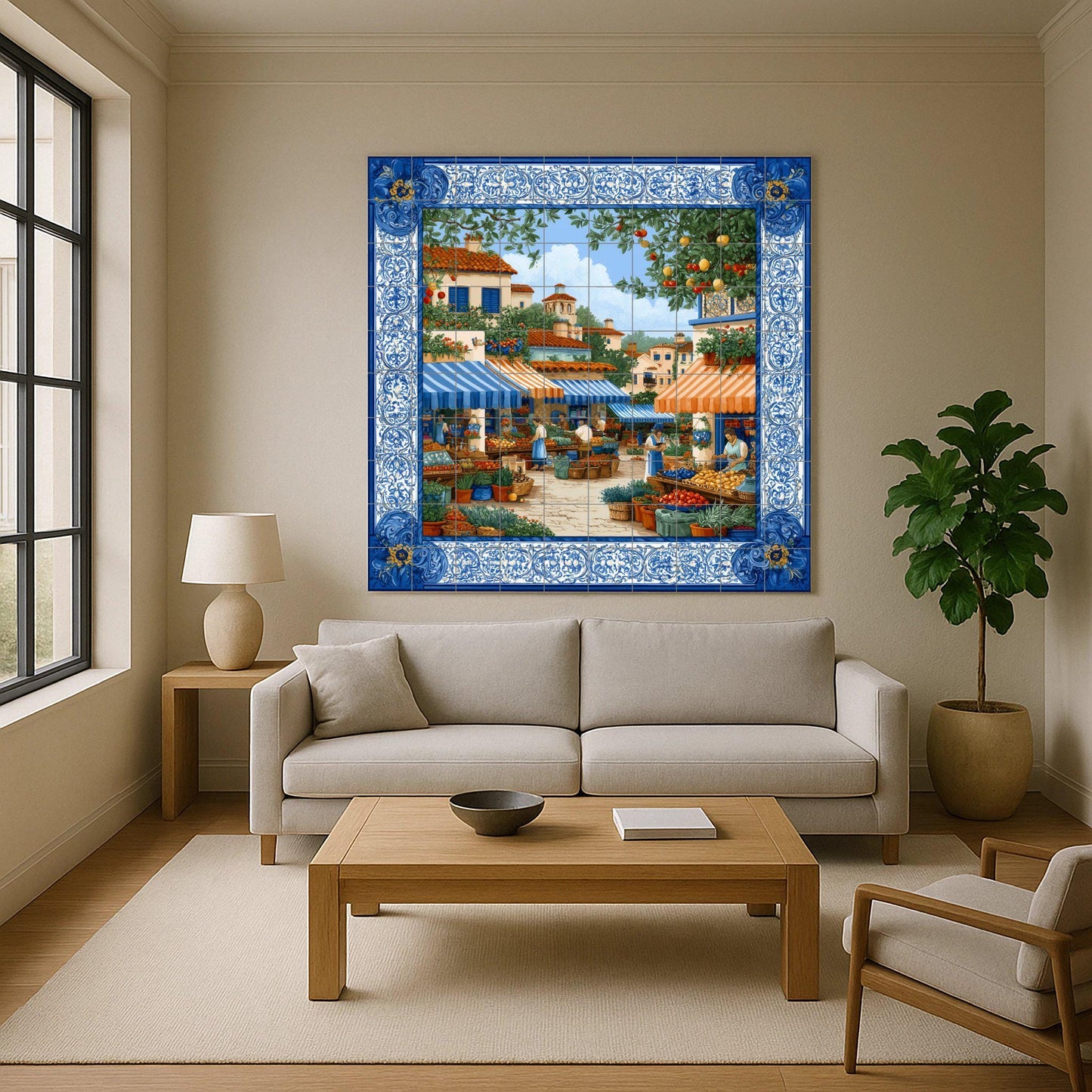 Mediterranean market tile mural / Spanish village scene / Handmade ceramic decoration / Colorful market stalls / Rustic Mediterranean accent