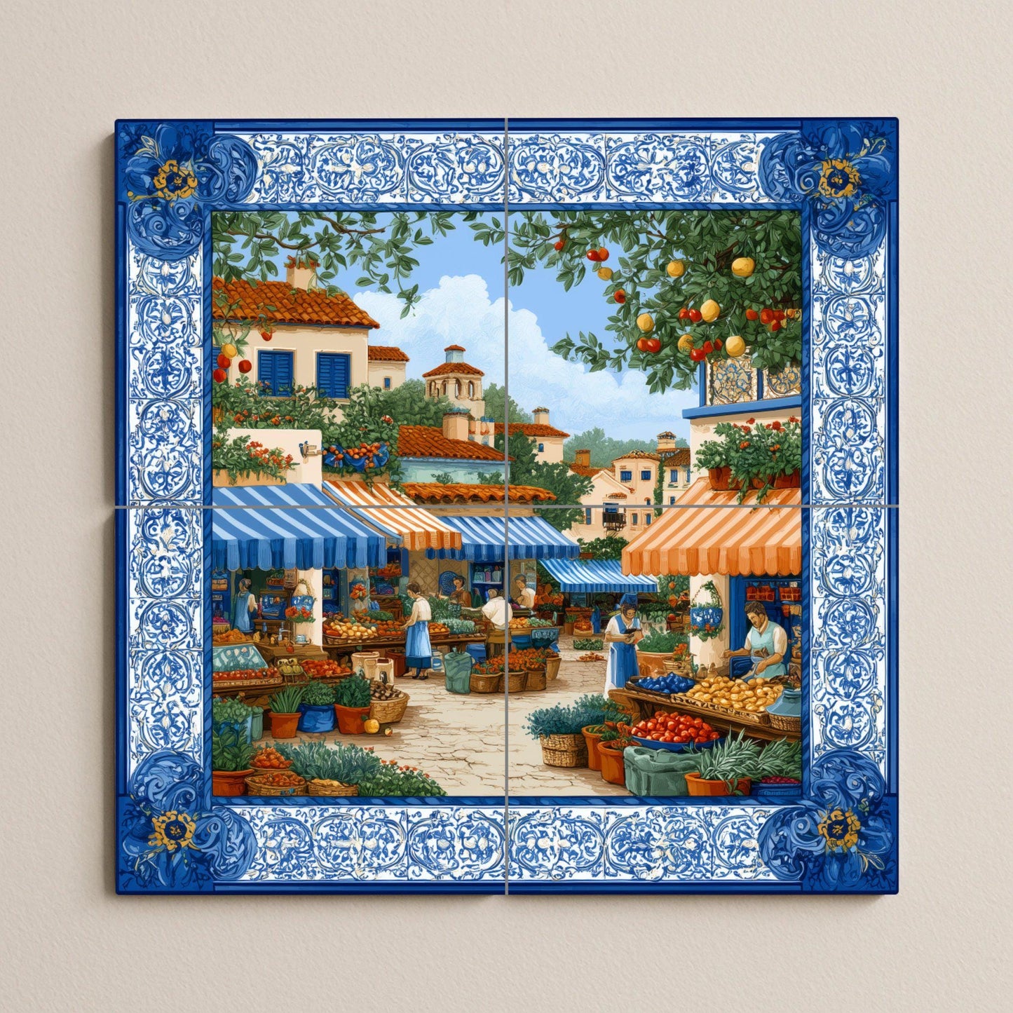 Mediterranean market tile mural / Spanish village scene / Handmade ceramic decoration / Colorful market stalls / Rustic Mediterranean accent