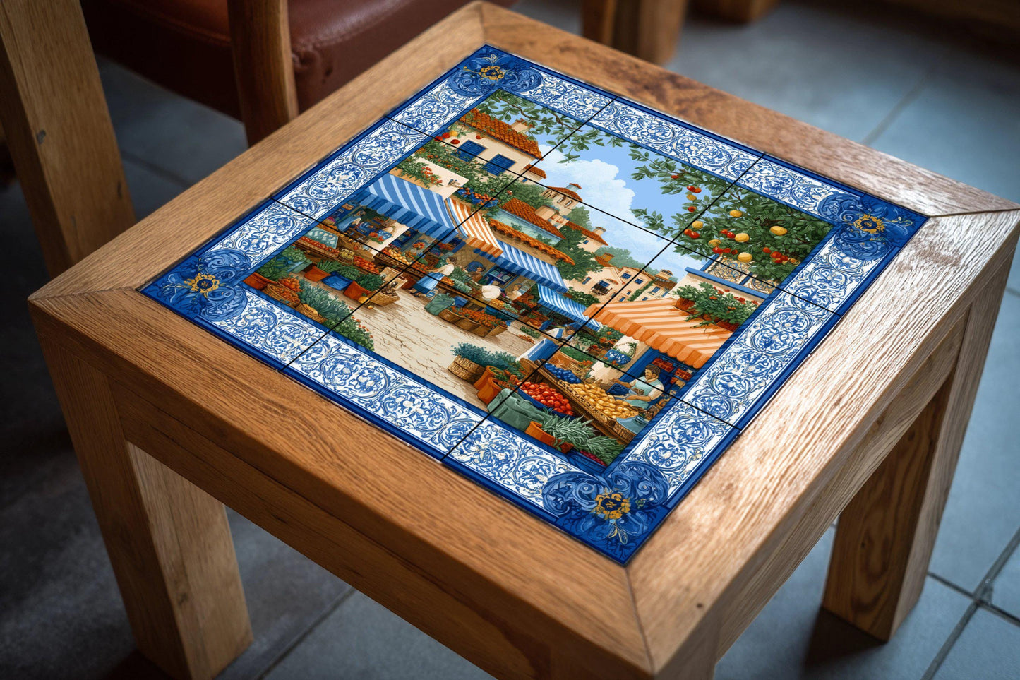 Mediterranean market tile mural / Spanish village scene / Handmade ceramic decoration / Colorful market stalls / Rustic Mediterranean accent