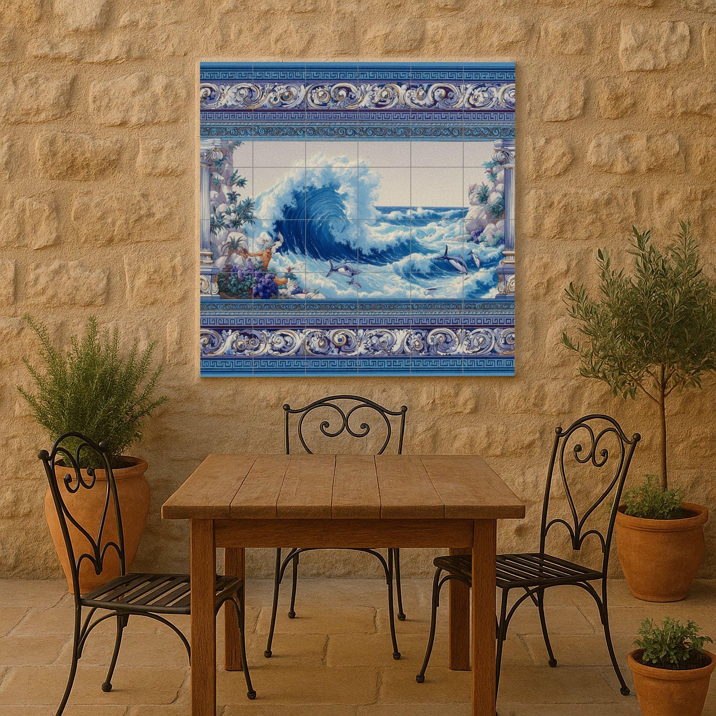 Tile mural with ocean waves / Nautical art with dolphins / Mediterranean decor / Handmade ceramic accent / Greco-Mediterranean style