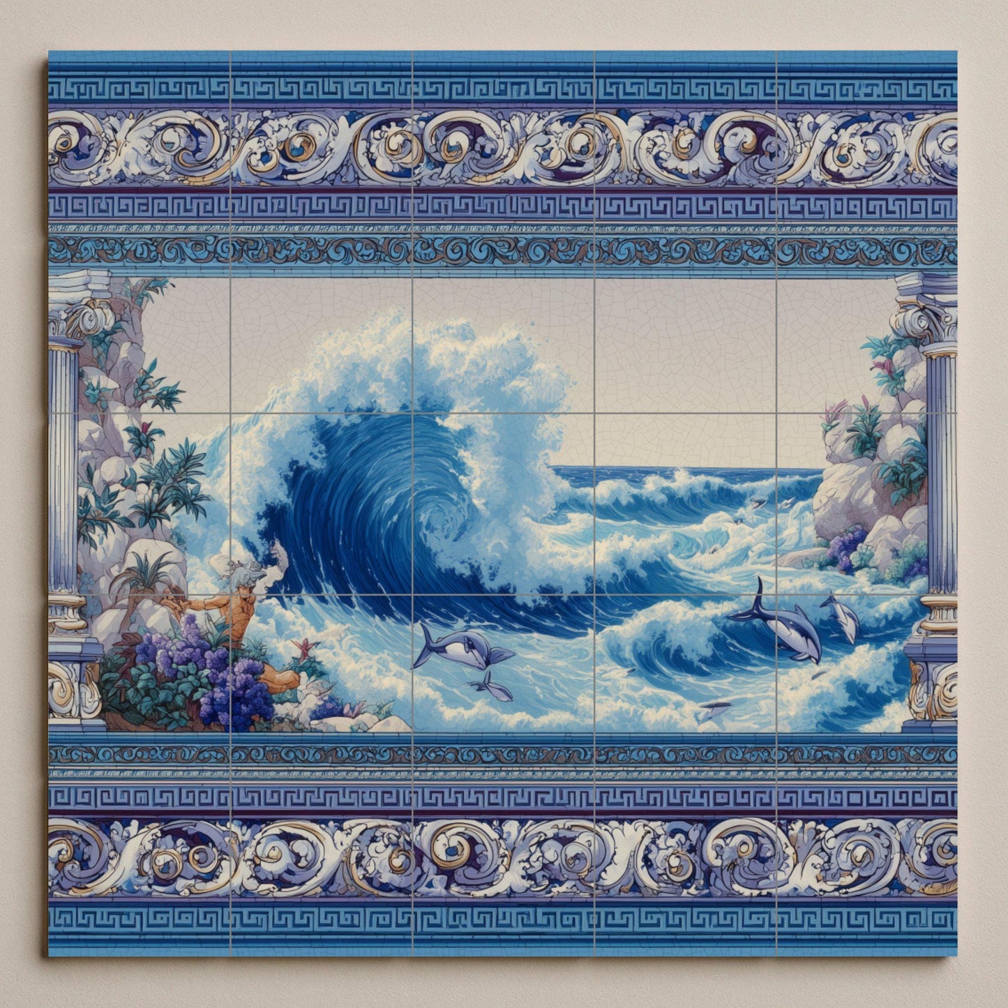 Tile mural with ocean waves / Nautical art with dolphins / Mediterranean decor / Handmade ceramic accent / Greco-Mediterranean style