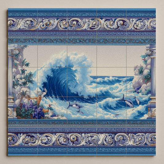 Tile mural with ocean waves / Nautical art with dolphins / Mediterranean decor / Handmade ceramic accent / Greco-Mediterranean style