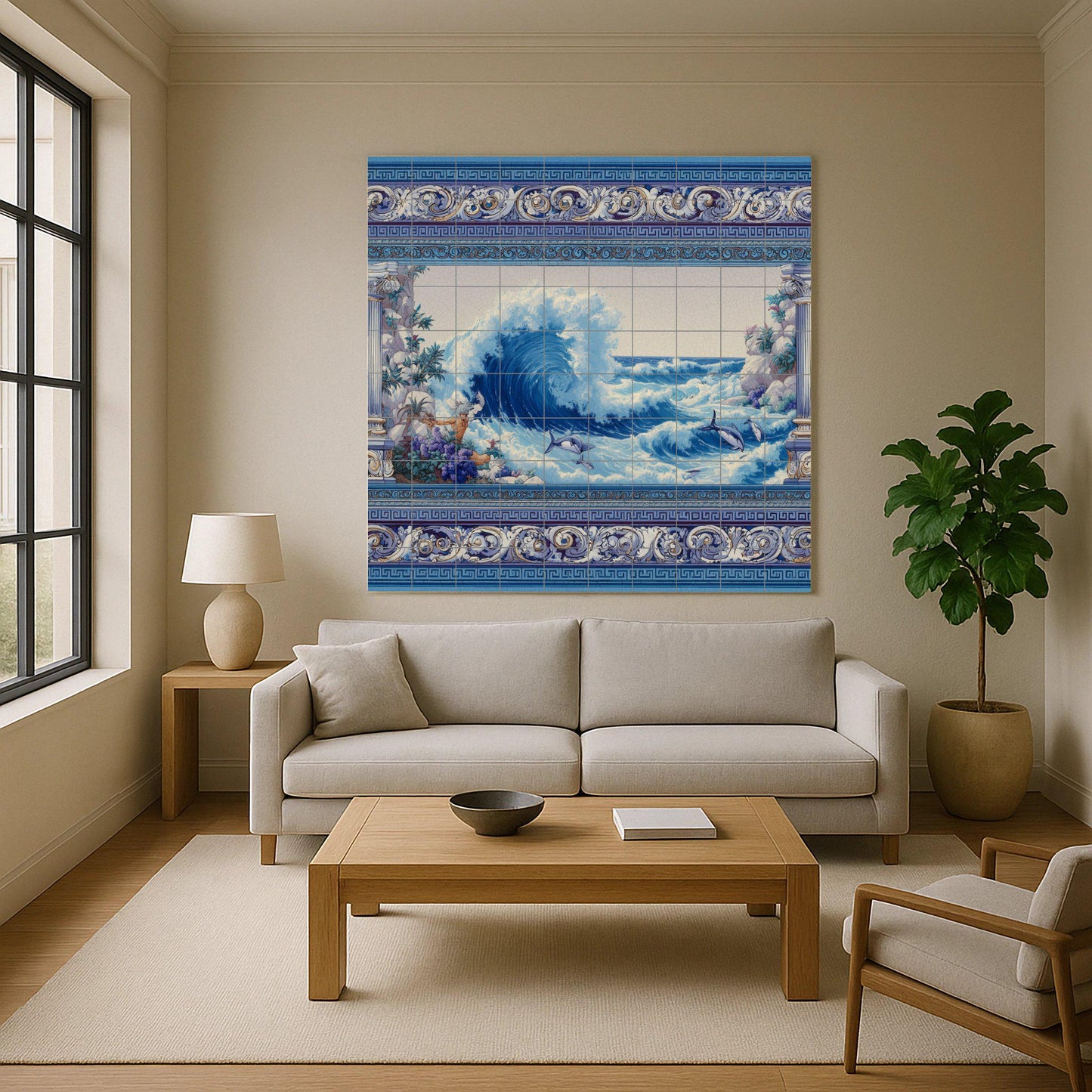 Tile mural with ocean waves / Nautical art with dolphins / Mediterranean decor / Handmade ceramic accent / Greco-Mediterranean style